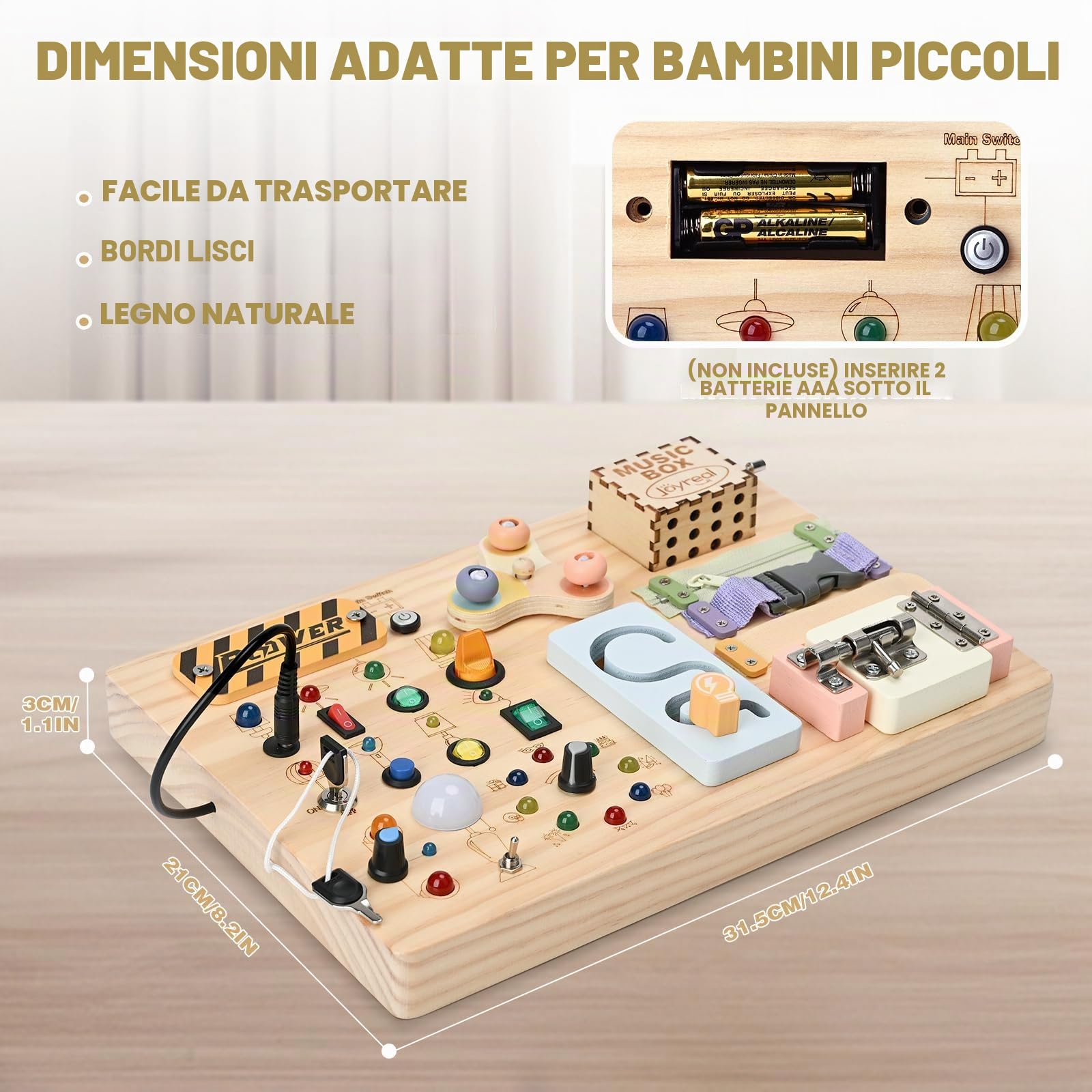 Joyreal Montessori Busy Board 1 Anno, Pannello Sensoriale Montessori Giochi con 20 LED, Legno Giocattolo Educativi Regalo Bimbo 1 2 3 Anni