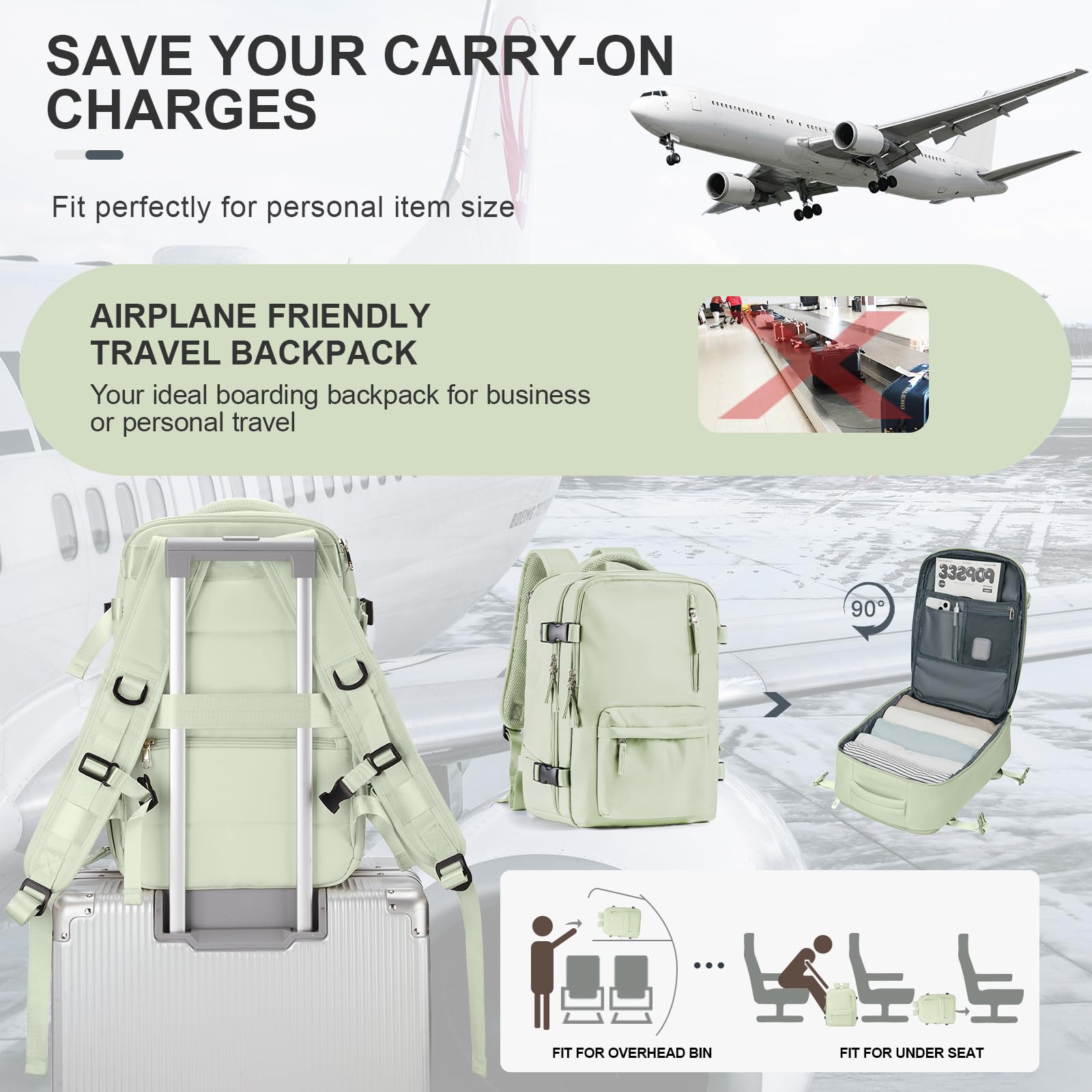 Zaino da Viaggio per Ryanair 40x20x25 Bagaglio a Mano Zaino Borse da Cabina per Ryanair Il Sedile Zaino Aereo Bagaglio a Mano Donna Borsa Cabina Viaggio Zaino Travel Viaggio Casual Daypack,Verde menta