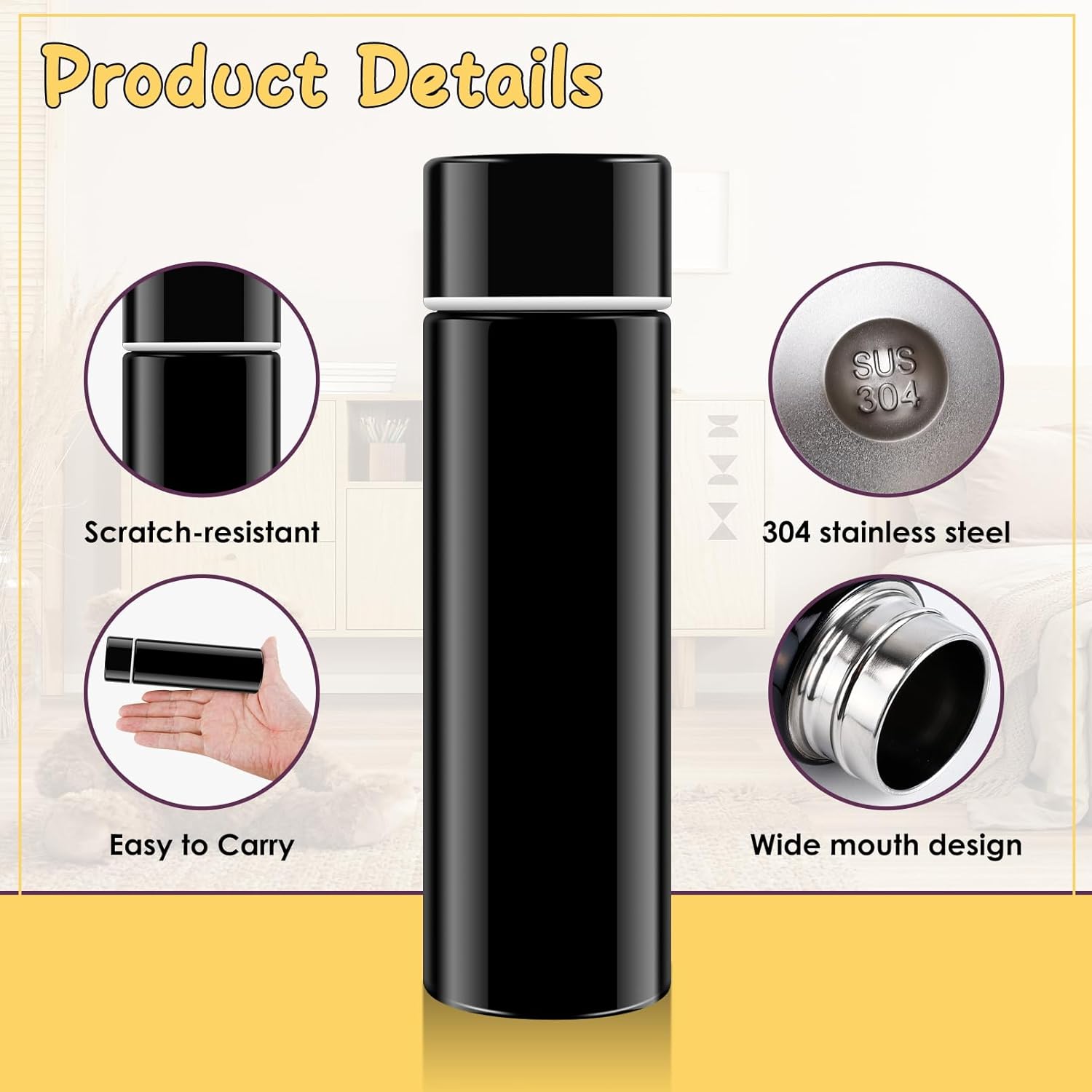 4.4 oz Mini Water Bottles,Small Insulated Stainless Steel Bottle,Portable Small Insulated Water Bottle,Leak Proof Flask Keeps Drink Cold and Hot, for Purse or Lunch Bag (Black,4 Pack) - Image 4