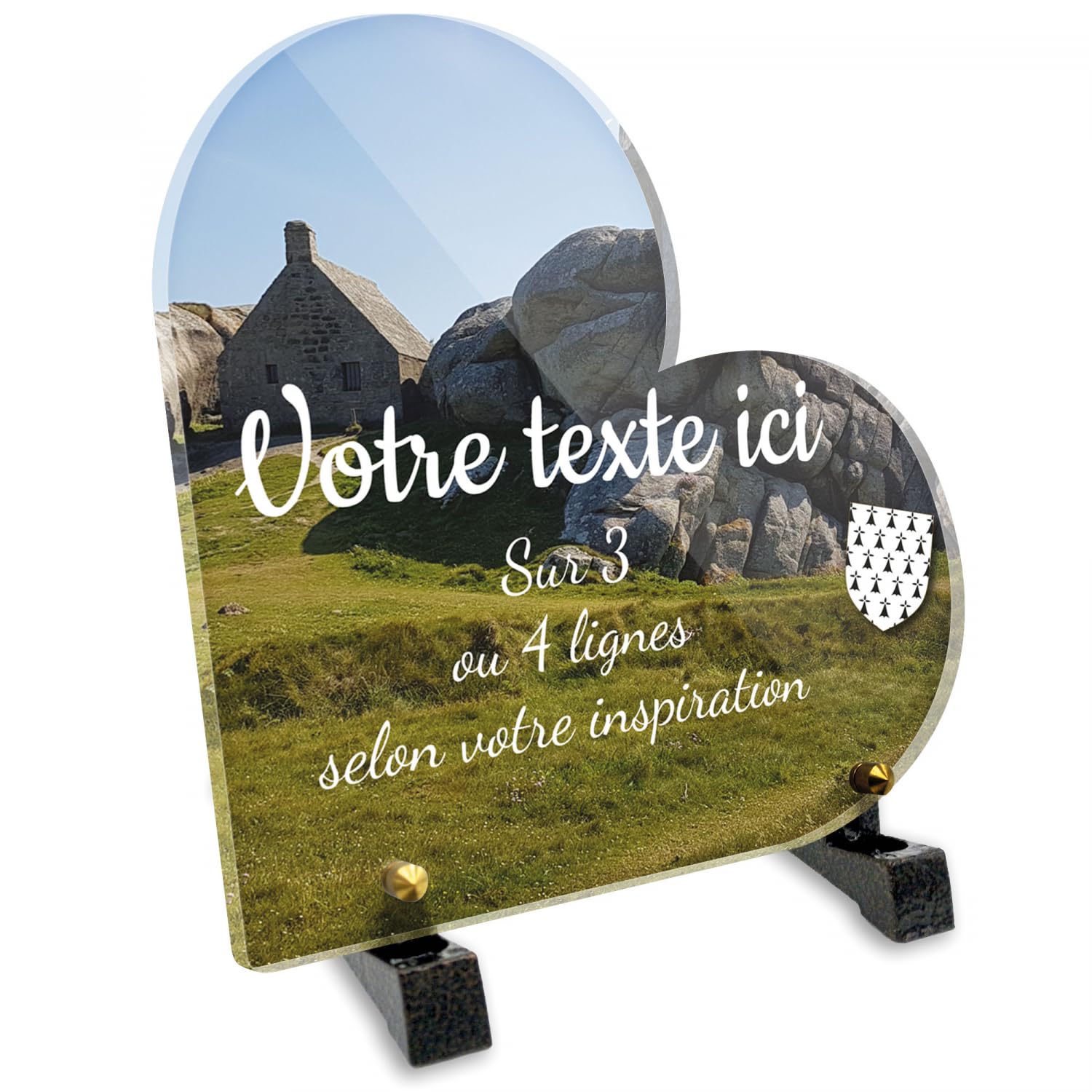 Placa funeraria Corazón personalizable en plexi con diseño regional Bretagne Maison, varios tamaños, grosor 6mm, personalizado en varias líneas 15x15 cm
