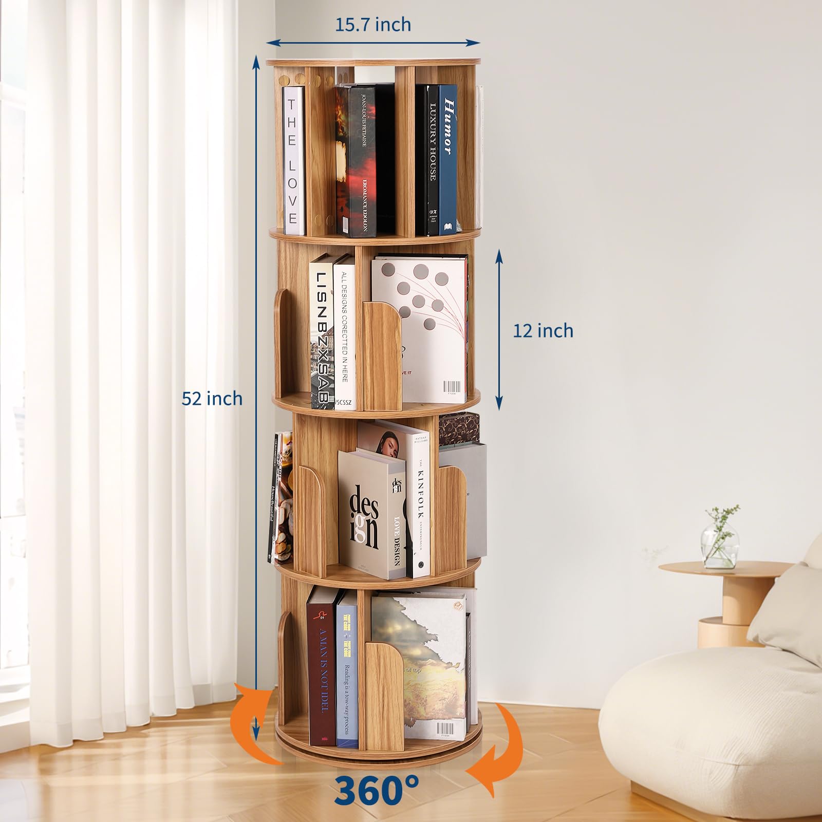 Estantería Giratoria De 4 Niveles Que Ahorra Espacio - Estantería De Madera Giratoria De 360° - Organizador De Estanterías De Esquina De Pie Para Dormitorio, Sala De Estar, Habitación Infantil, Guarde