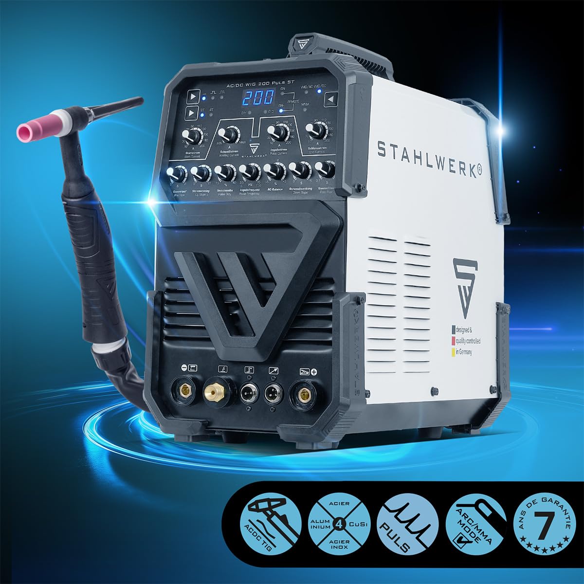 STAHLWERK Poste à souder AC/DC TIG 200 Puls ST – Inverter IGBT avec mode AC, MMA (ARC) jusqu'à 200 A, amorçage HF, fonction Pulse, mode 2T & 4T, Anti-Stick, idéal pour aluminium & tôles fines