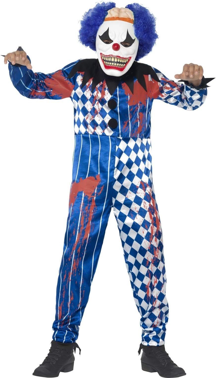 Smiffys Deluxe Sinister Clown Costume, Blue with Jumpsuit, EVA Mask, Attached Brain & Hair, Halloween Child Fancy Dress, Clown Dress Up Costumes