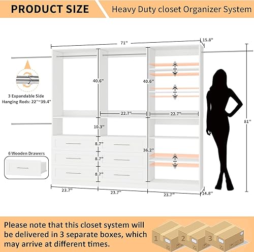 Miniatura 2 de Closet System with 3 Sets, Max 189"L Closet Organizer with 6 Drawers & 8 Shelves, Customizable Modular Closet Organizer System with 5 Hanging Rods,