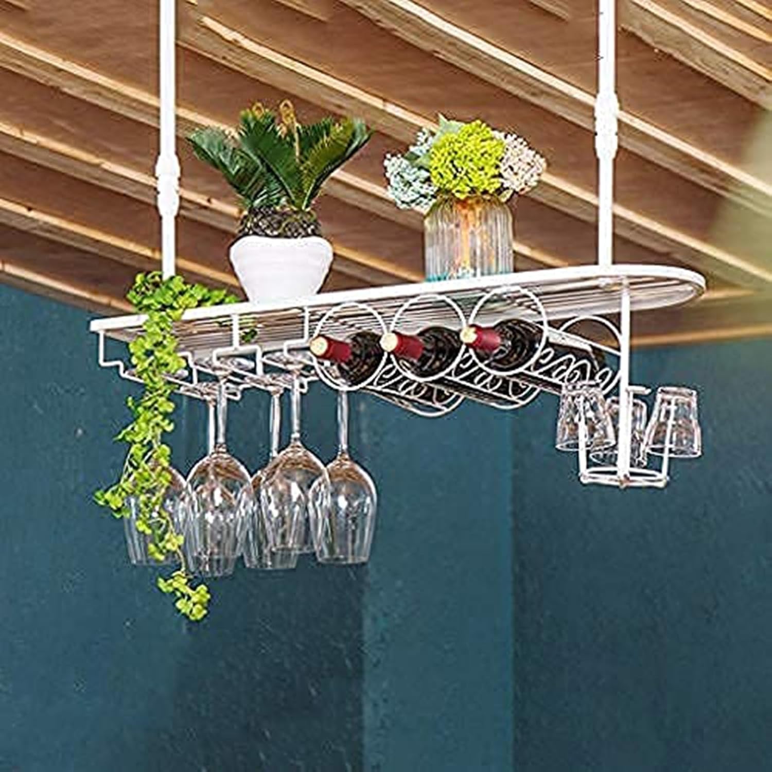 Hanging Shelf - Hanging Glass Rack, Ceiling Wrought Iron Wine Rack, Ceiling Kitchen Storage Rack, Wall Mounted Wine Glass Shelf, LOFT/Bar/Restaurant Floating Shelfs