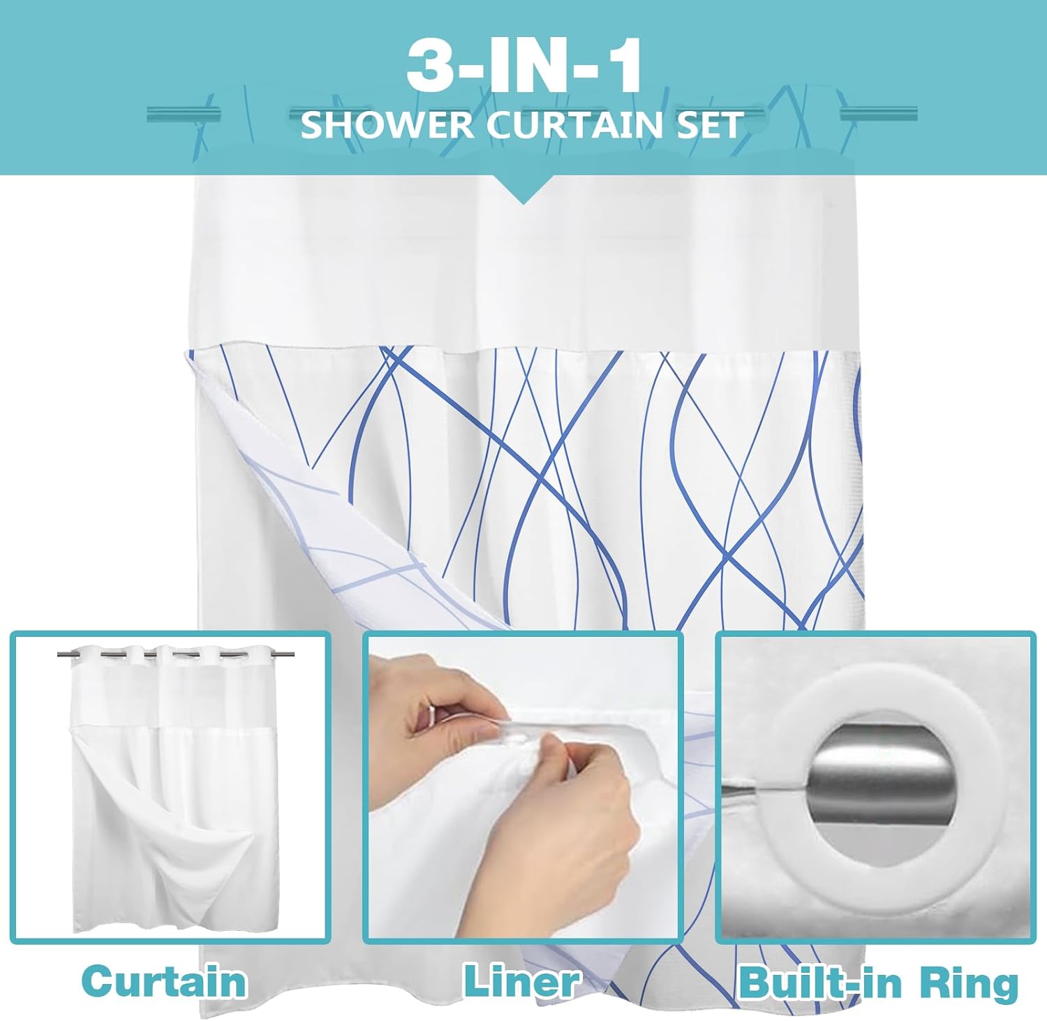No Hook Shower Curtain with Snap in Liner Set, Blue Striped Geometric Shower Curtains for Bathroom Hotel 71x74 Inch