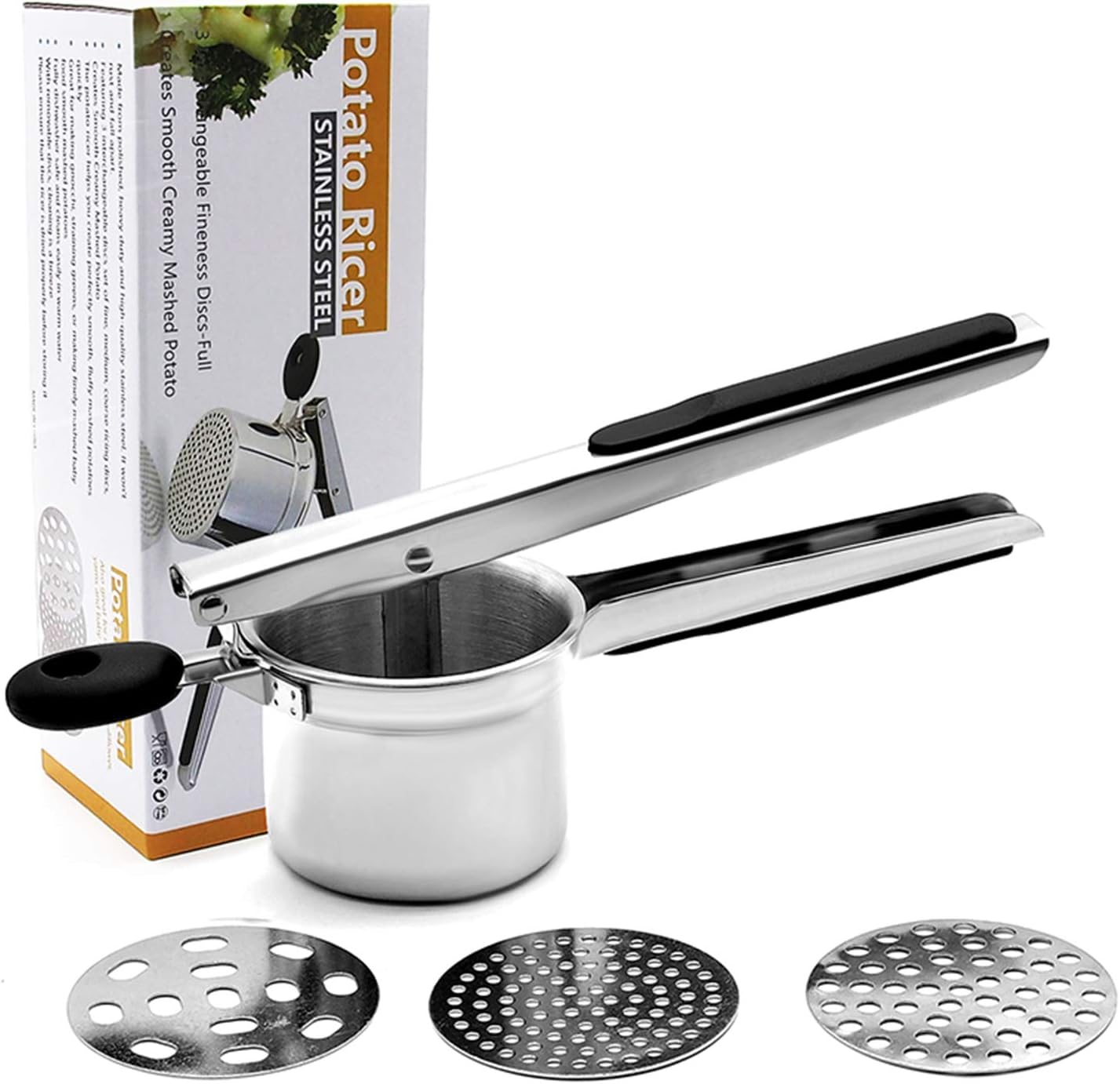 Potato Ricer Stainless Steel with 3 Interchangeable Discs, Heavy Duty Potato Masher, Easy-To-Clean Masher and Ricer Kitchen Tool for Mashed Potatoes, Potato Press Kitchen Gadget
