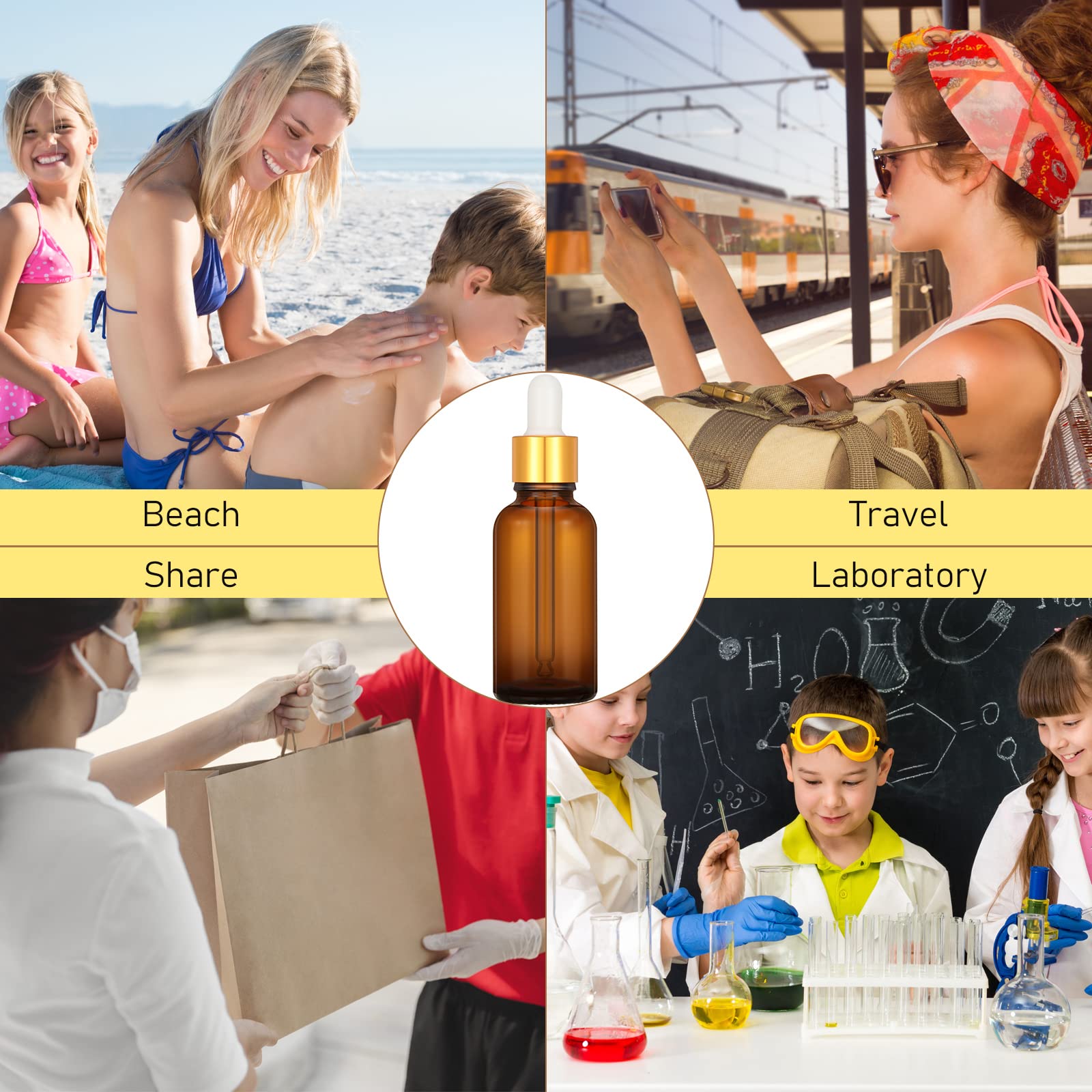 100 Stück Glas-Tropfflaschen, 28.3 ml, ätherisches Öl, Tropfflaschen, mit Etiketten und Trichtern, goldene Kappen, leere Tinkturflaschen, Kosmetik, Reise-Flüssigkeitsbehälter mit Tropfen (Bernstein)
