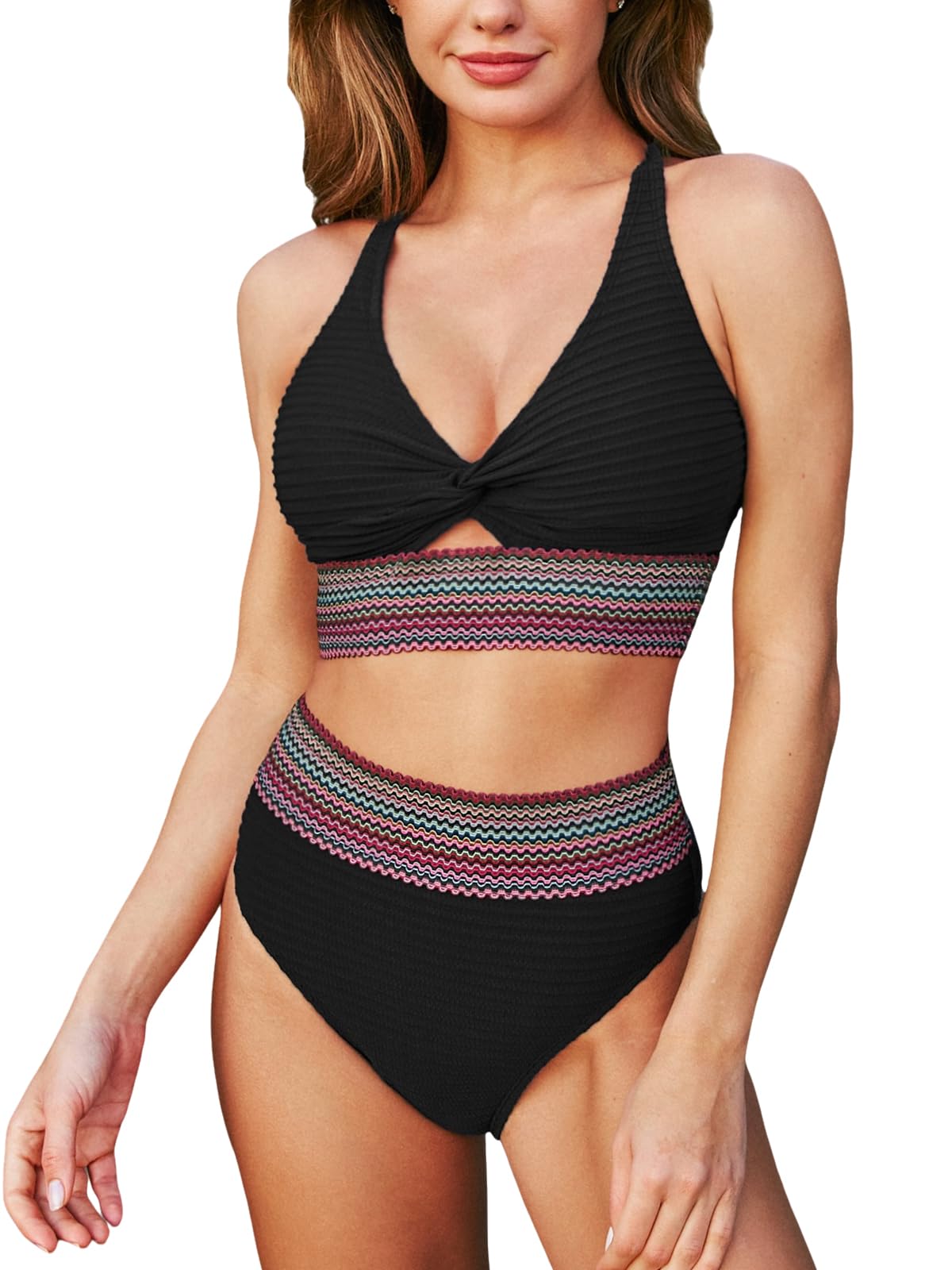 cupshe Women's Bikini Sets Two Piece Bathing Suit High Waisted Twist Cutout V Neck Swimsuit Keyhole-picture-13