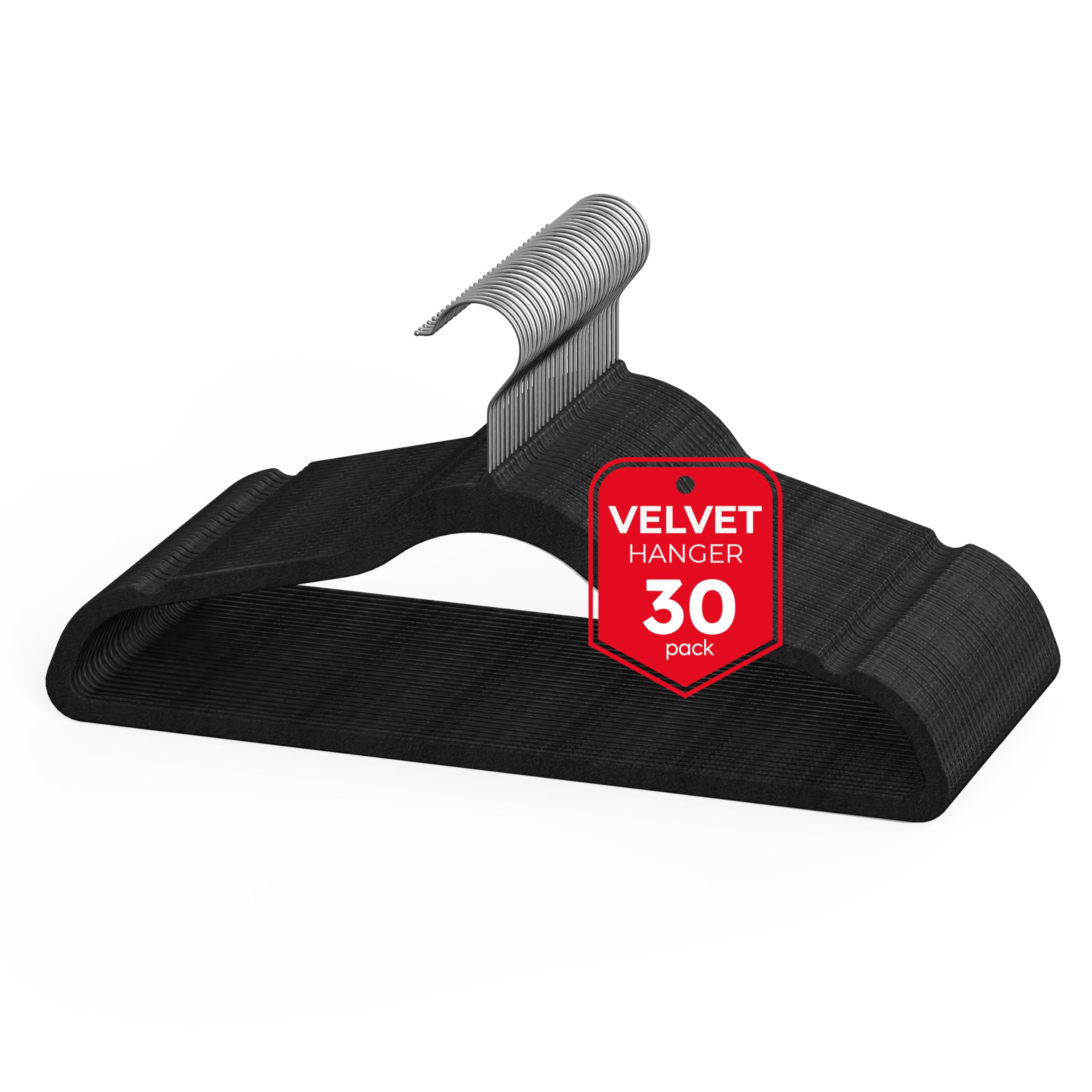 Simple Deluxe Velvet Hangers 30 Pack, Heavy Duty Coat Suit Hangers for Closet Space Saving, Non-Slip Clothes Hangers with Shoulder Notches, 360° Swivel Hooks, Black