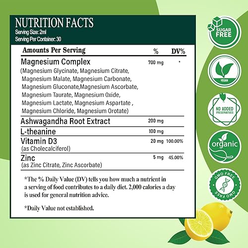 Miniatura 8 de Gotas líquidas de complejo de magnesio 12 en 1, citrato de magnesio quelado, glicinato, taurato, malato aspartato con teanina Ashwagandha D3 y zinc