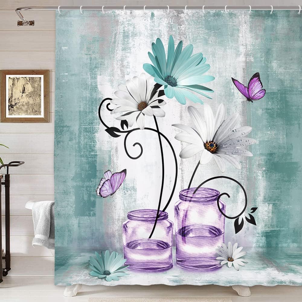 DYNH Rustic Farmhouse Floral Shower Curtain Purple Teal Daisy Flowers Butterfly Abstract Bathroom Curtain Country Farm Turquoise Blue Violet Fabric
