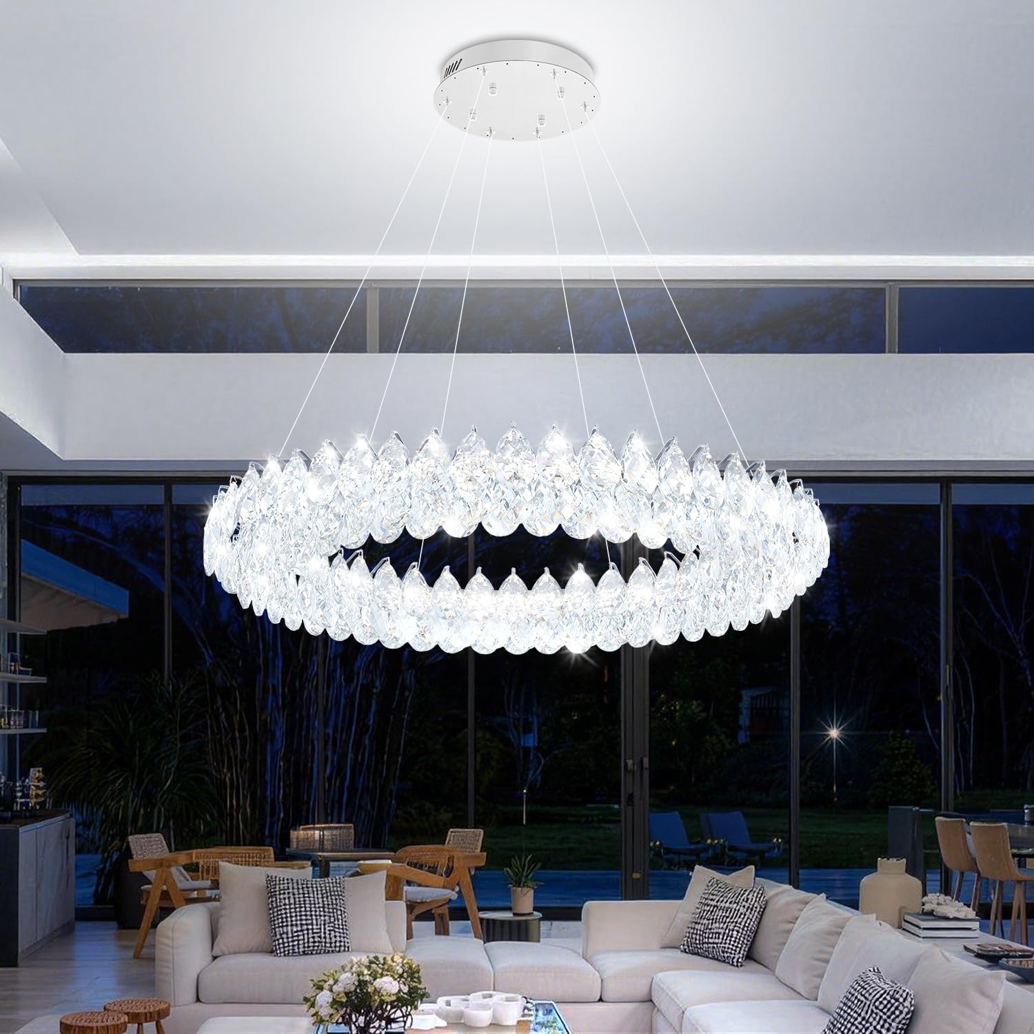 40in LED Large Ring Chandelier, Modern Chrome Crystal Chandelier, Luxury Crystal Pendant Light for Dining Room Living Room Foyer