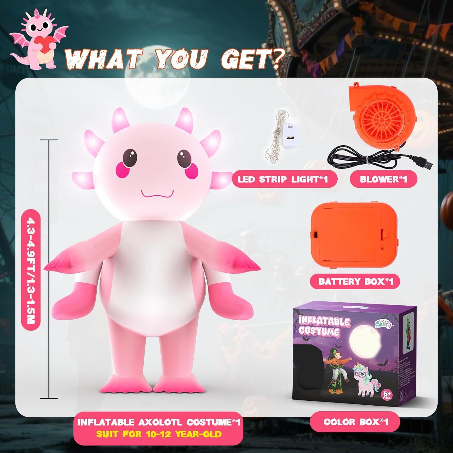 Skirfy Inflatable Costume for kids,Inflatable Axolotl Riding Costume with Lights,Halloween Glow in The Dark Blow up Costume for Girls Boys 6-9 - Image 2