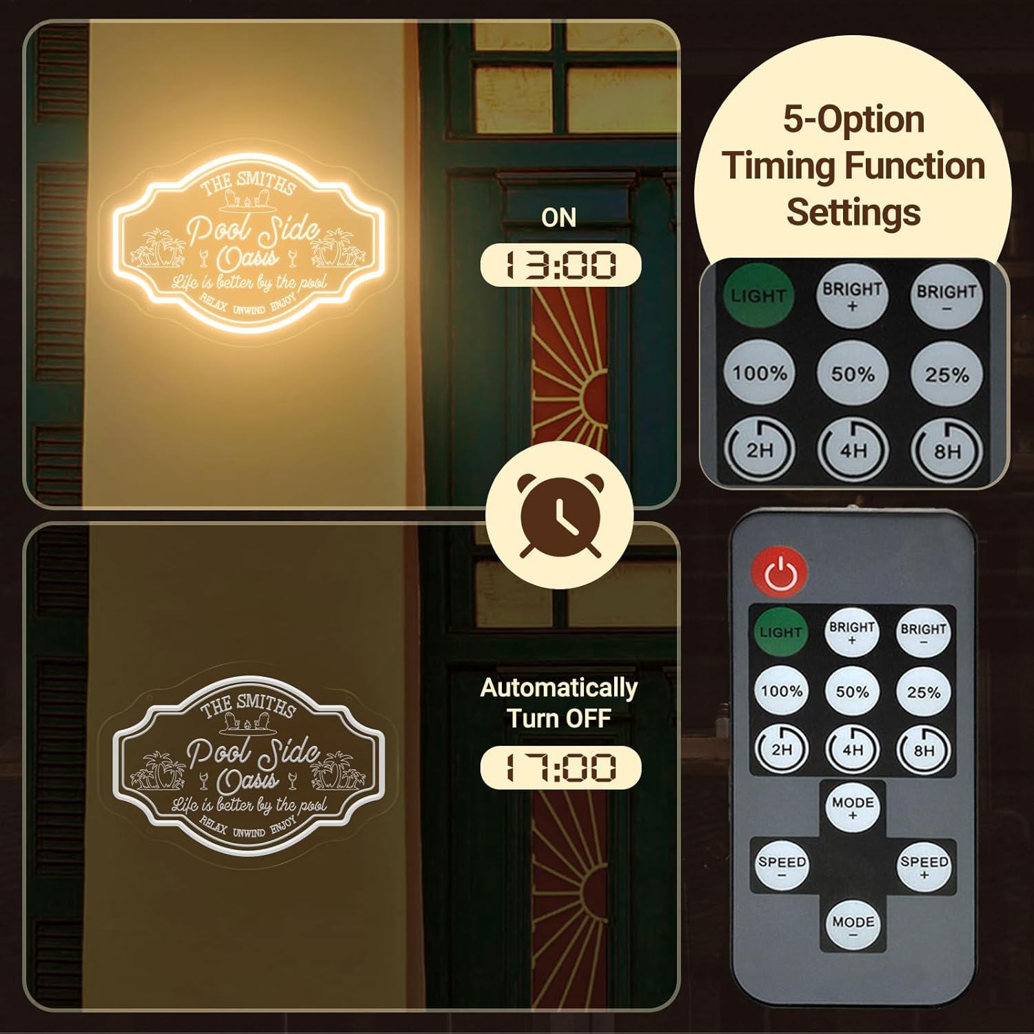 Outdoor Custom Pool Side Oasis Neon Signs for Pool Oasis Patio with Remote, Personalized Waterproof Dimmable Light up Sign for Backyard Palm Tree Beach Decor, Family Name Gift for House Swimming Pool