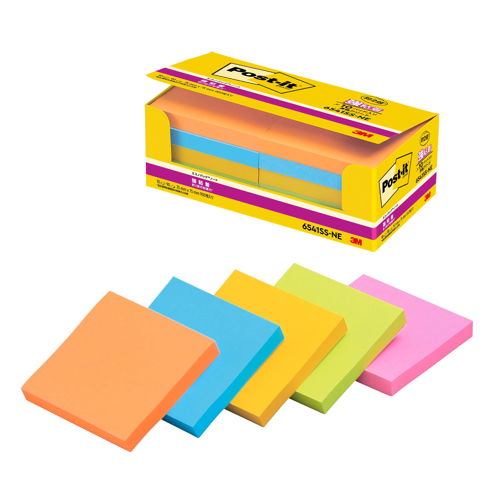 付箋 3M ポストイット 付箋 強粘着 ノート 75mm×75mm 4色 654SS-MC-5 ( 45枚