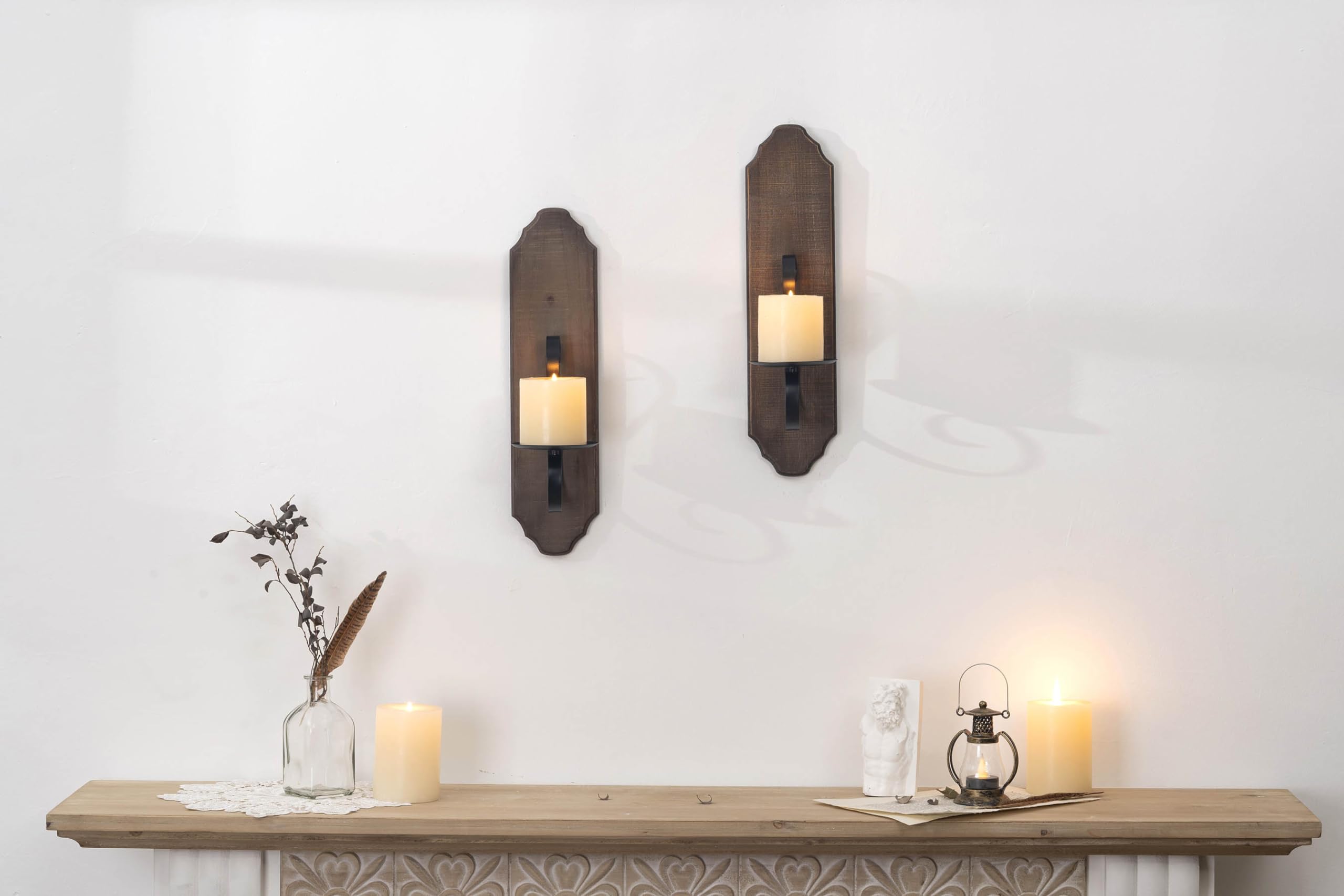 ZYOOO Wandkerzenhalter-Set Holz aus Metall (2er Set),Kerzenhalter auf rustikale Holz,Wandleuchter,Wand Deko