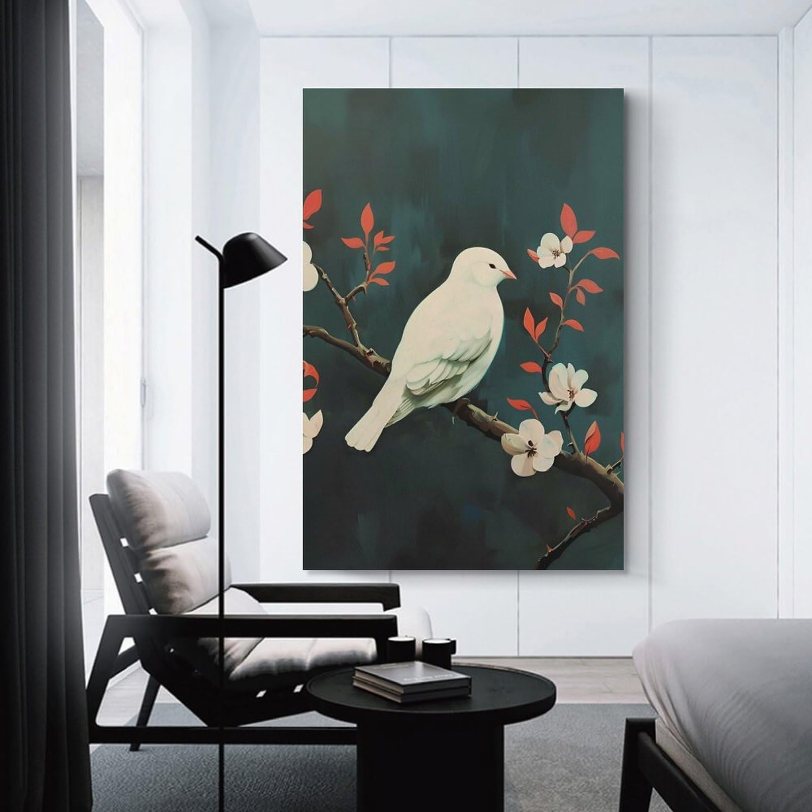 Junmoney White Bird on A Branch with Flowers Decorative Wall Artwork, 12x18inch(30x45cm), for New Homes, Bedrooms Or Workspaces, Gift Idea for Housewarming And Birthdays