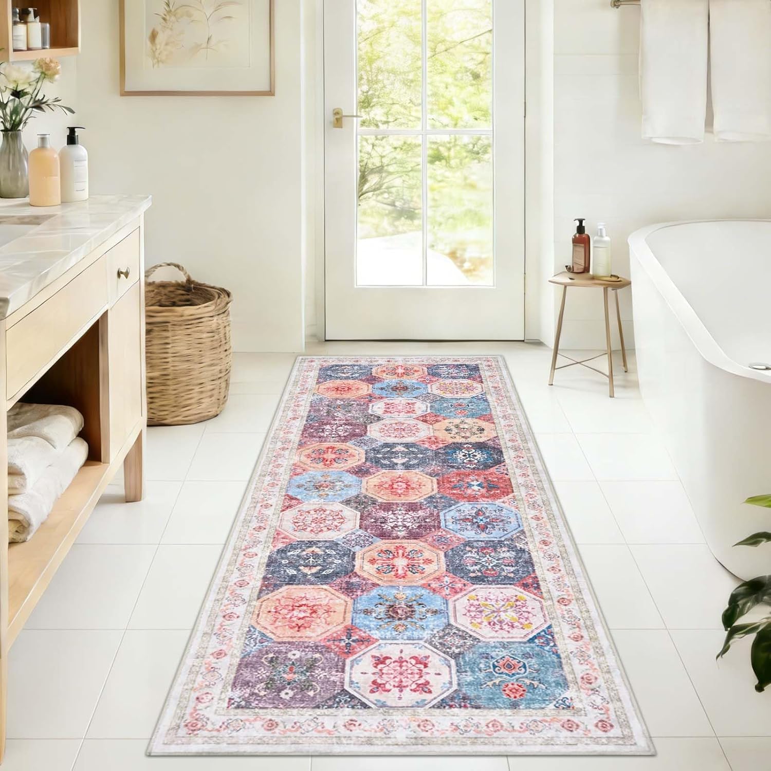 Yinhua Bathroom Runner Rug Non Silp, 18x47 Inch Long Bath Mat Washable, Absorbent Bath Rugs Soft Shaggy, Colorful Bathroom Mats Quick Dry for Sink Shower Vanity