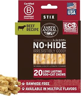 Earth Animal No-Hide Stix Beef Chews for Small Dogs & Cats - Rawhide-Free, Digestible, Long-Lasting 20 Count Pack