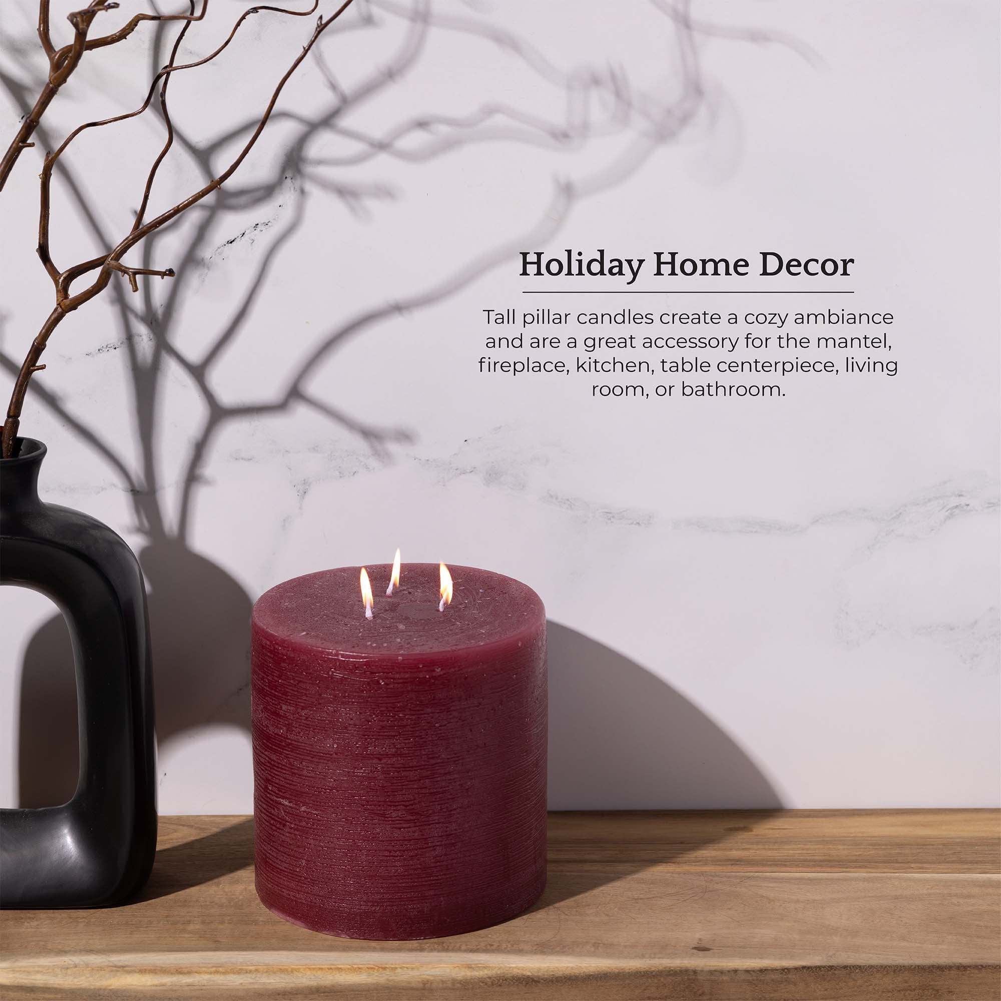 Bask Velas Holiday Pilar Vela – Triple mecha, moteada, sin aroma decorativo en burdeos – 15 x 15 cm