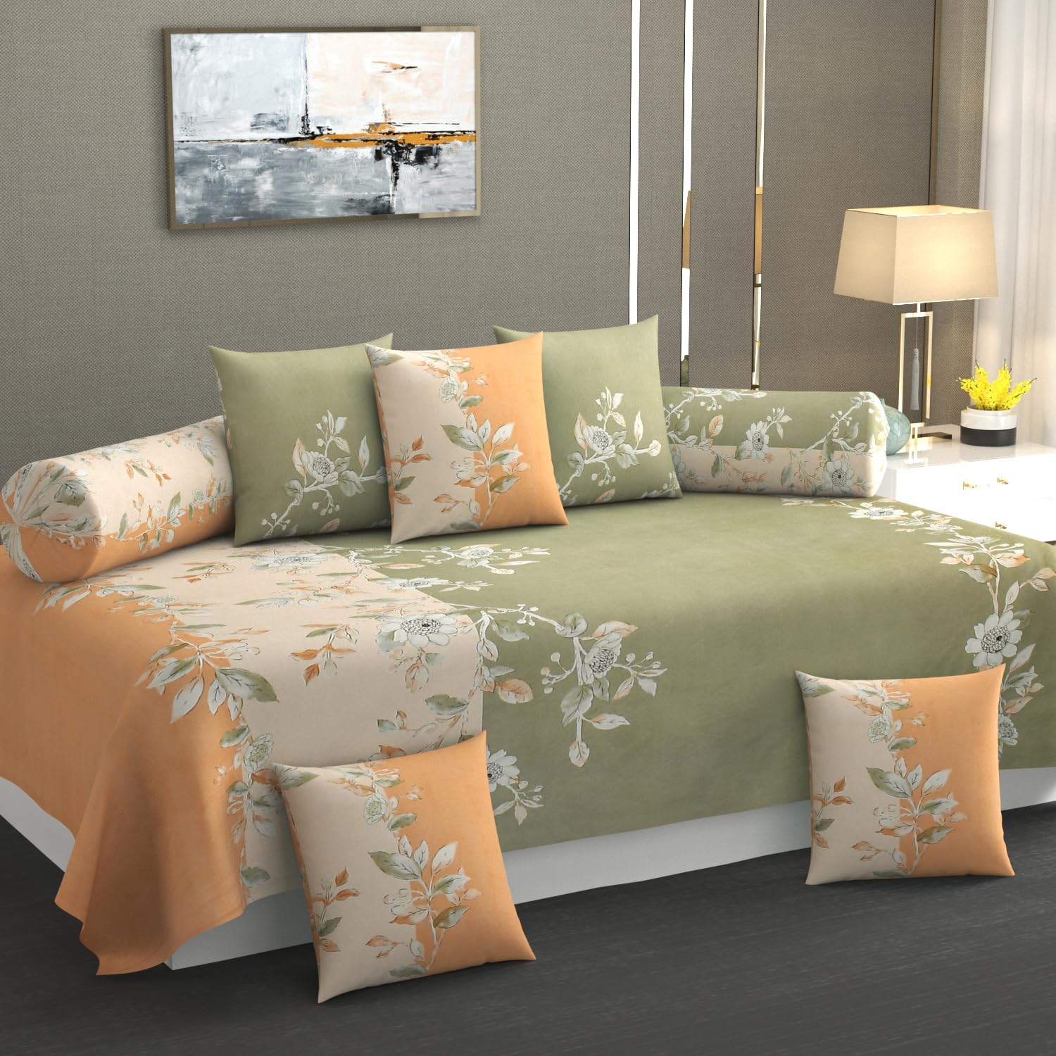 VOMZER Diwan Set Covers Cotton 8 Pieces Cotton Feel Designer Printed Diwan Set (1 Single Bedsheet, 2 Bolster Covers, 5 Cushion Covers) Clovis Yellow-image-44