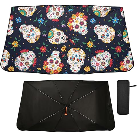 Sugar Skull Flower Halloween Windshield Sun Shade Umbrella Day of The Dead Foldable...