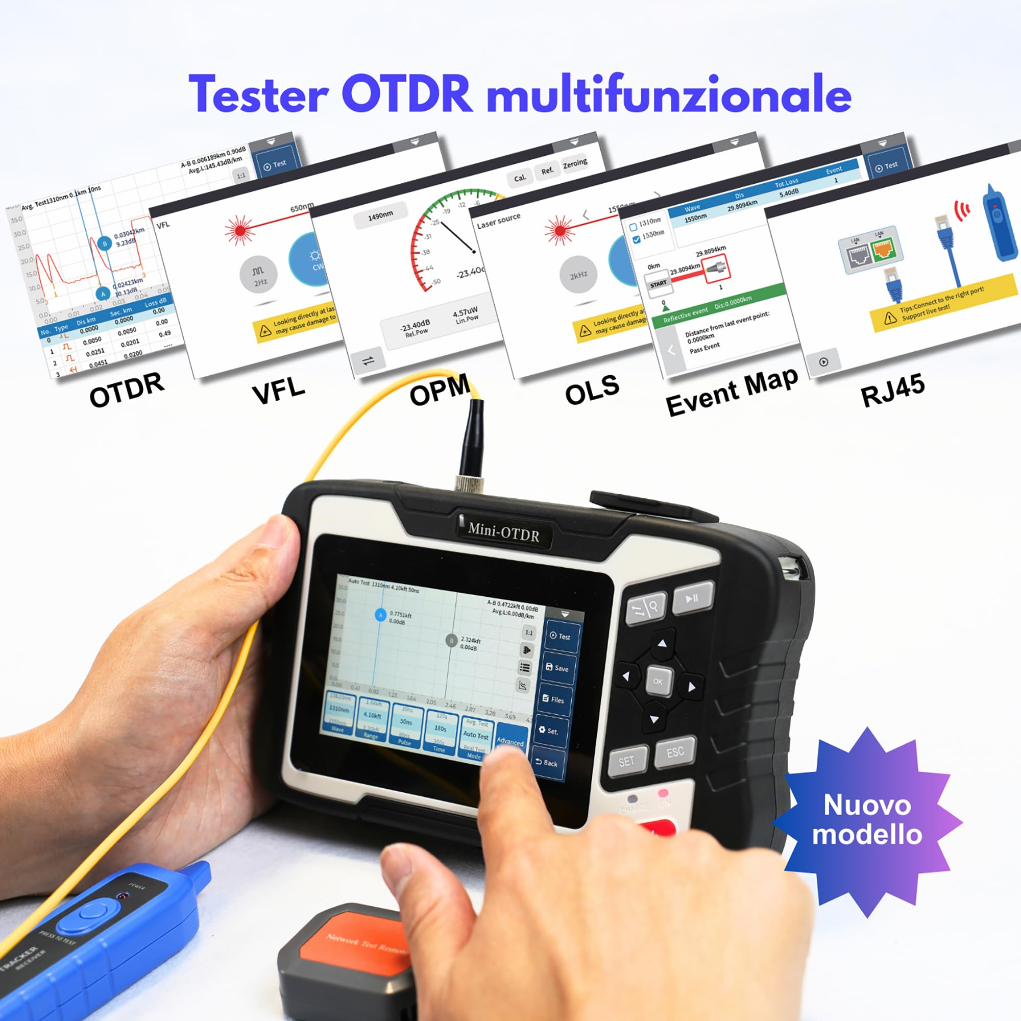 NK4300D OTDR portatile per fibra ottica monomodale 1310/1550nm 26/24dB con schermo touch 4,3 pollici - Mini OTDR con VFL, OPM, OLS, Event Map, RJ45 e batteria ad alta capacità (FC/UPC)