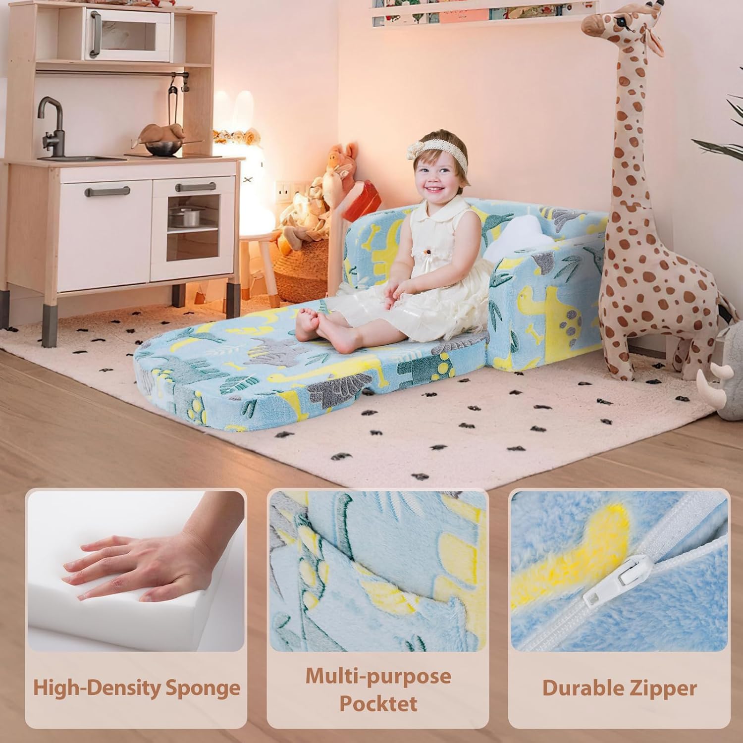 Extra Wide Kids Couch, 2-in-1 Soft Toddler Couch with Blanket, Glow in The Dark, Comfy Toddler Chair with Cloud Pillow, Convertible Sofa, Dinosaur