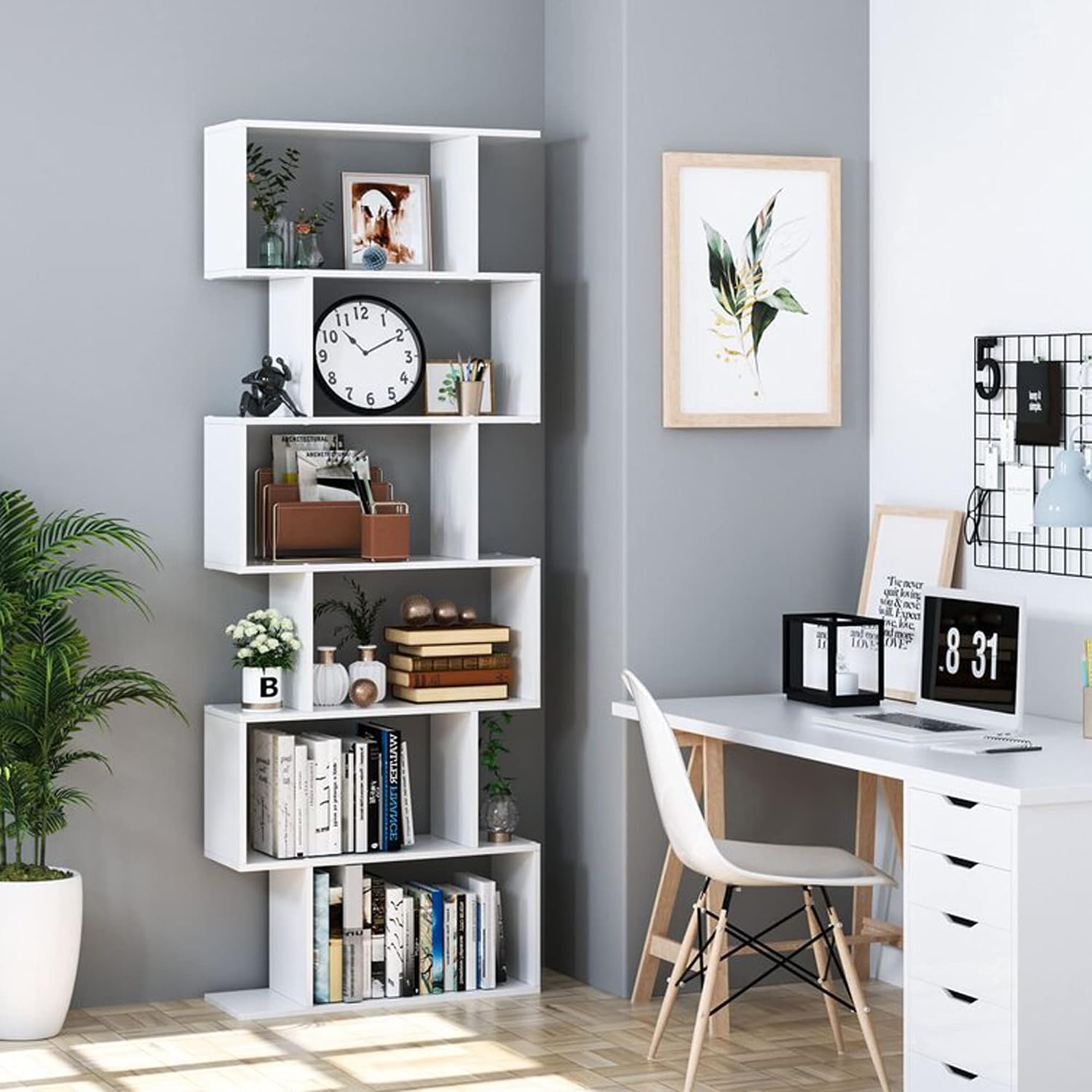 Function Home Geometric Bookcase, S Shaped Bookshelf, Modern Freestanding Multifunctional Decorative Storage Shelving Display Shelves, White Book Shelf Tall Narrow for Bedroom Living Room Office