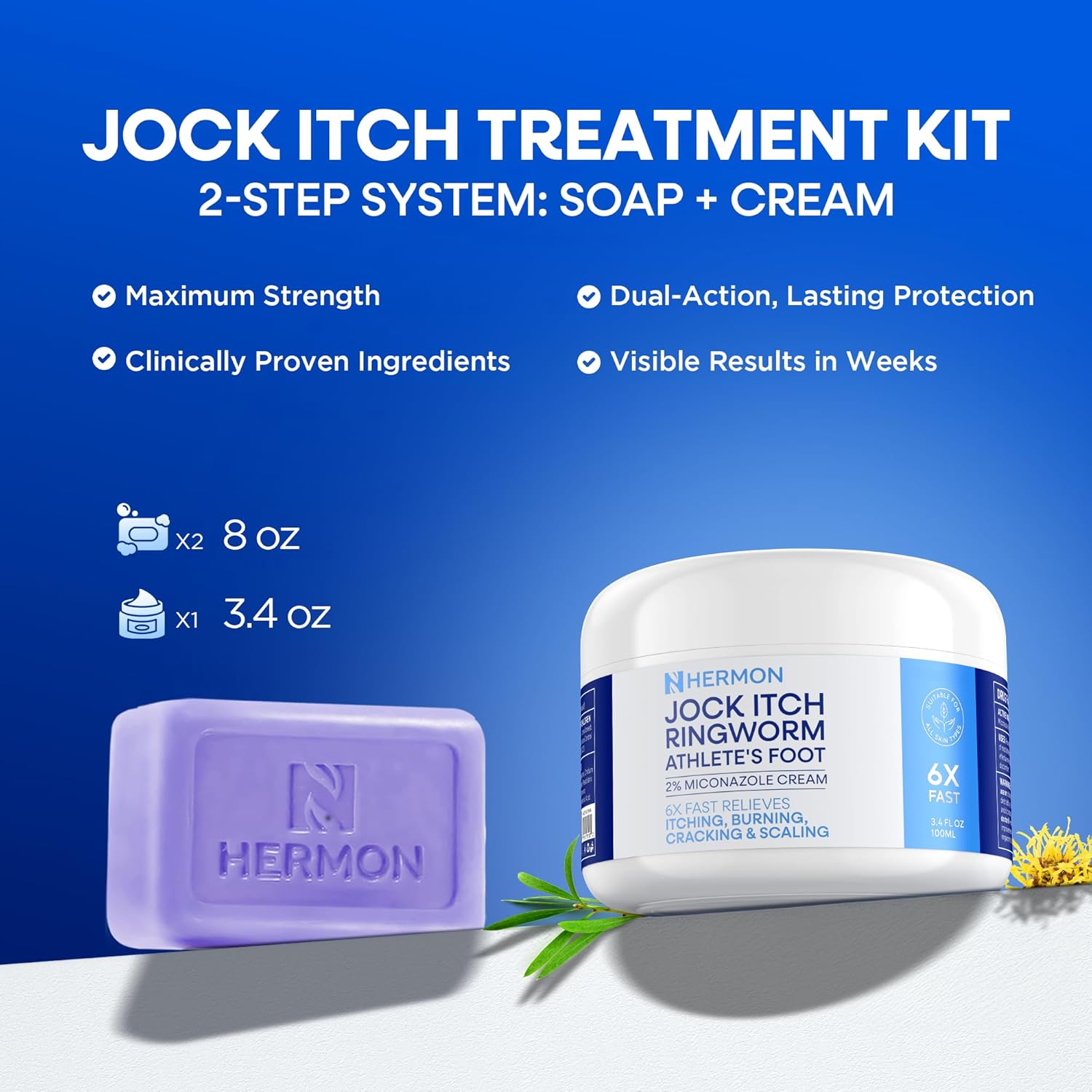 Hermon Antifungal Jock Itch Cream & Soap Kit: Anti Fungal Treatment for Ringworm, Psoriasis, & Athlete's Foot with Tea Tree Soap - Provides Soothing Relief for Body & Foot- 100g Bottle / 2 Bars - Image 2