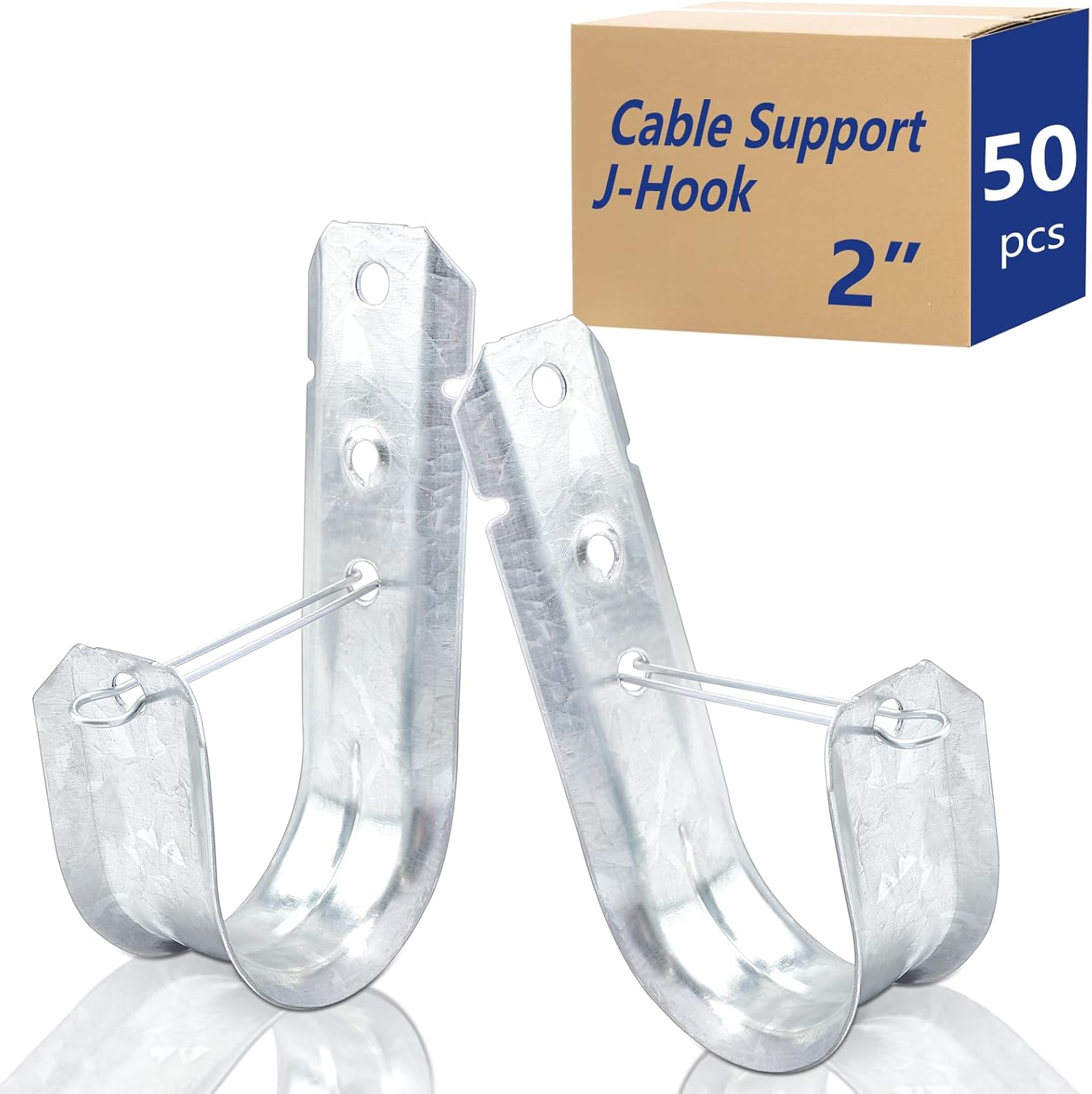 SIHAI 50 Packs 2” Inch J-Hooks, UL Certified Heavy-Duty Cable Support Hooks for Hanging CAT6/6A, Fiber Cable Management and Low Voltage Wiring (with Retainer Clip)