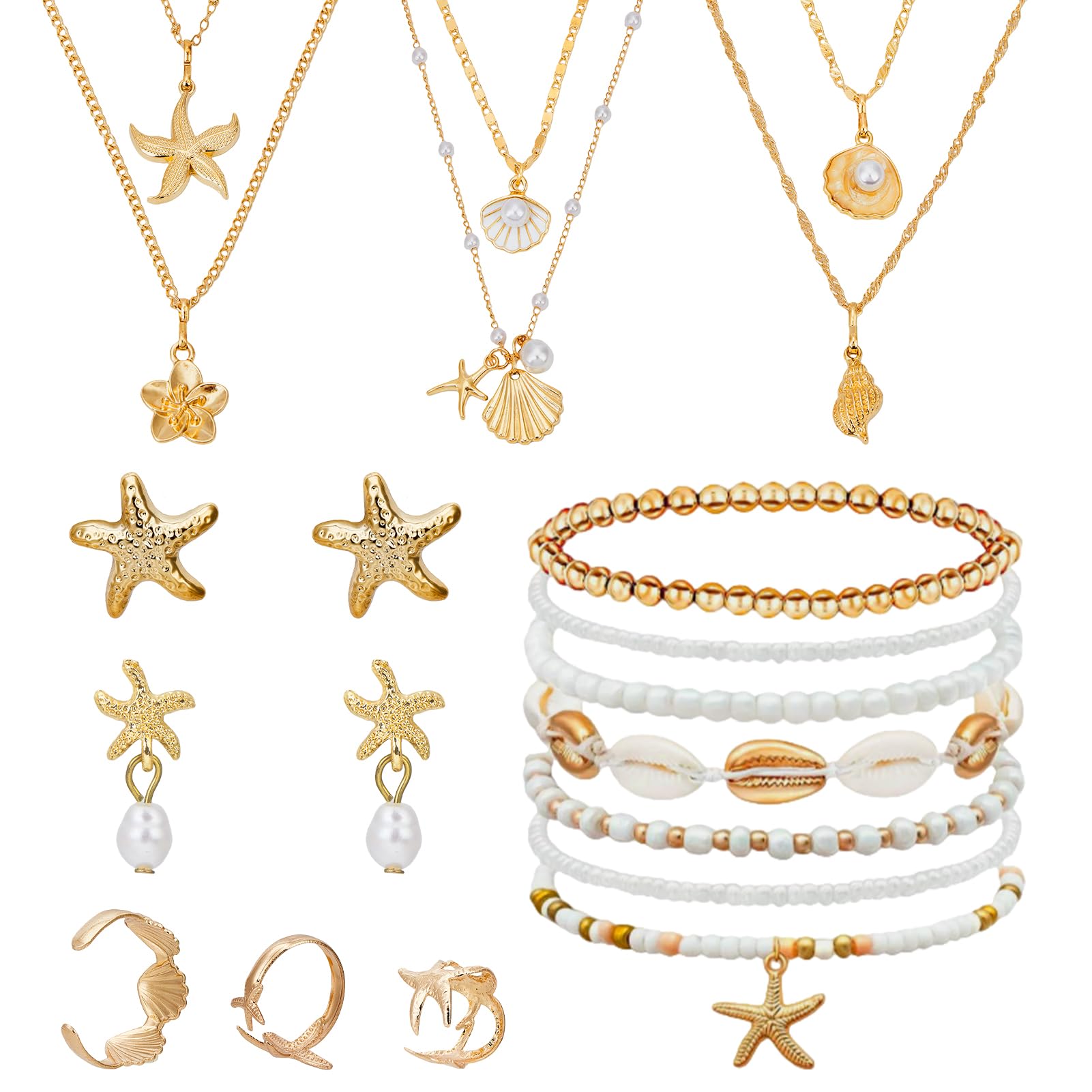 NICENEEDED 20 Juego de Joyas de Concha Y Estrella de Mar, Pendientes de Concha Marina, Anillos, Collar Bohemio con Dijes En Capas