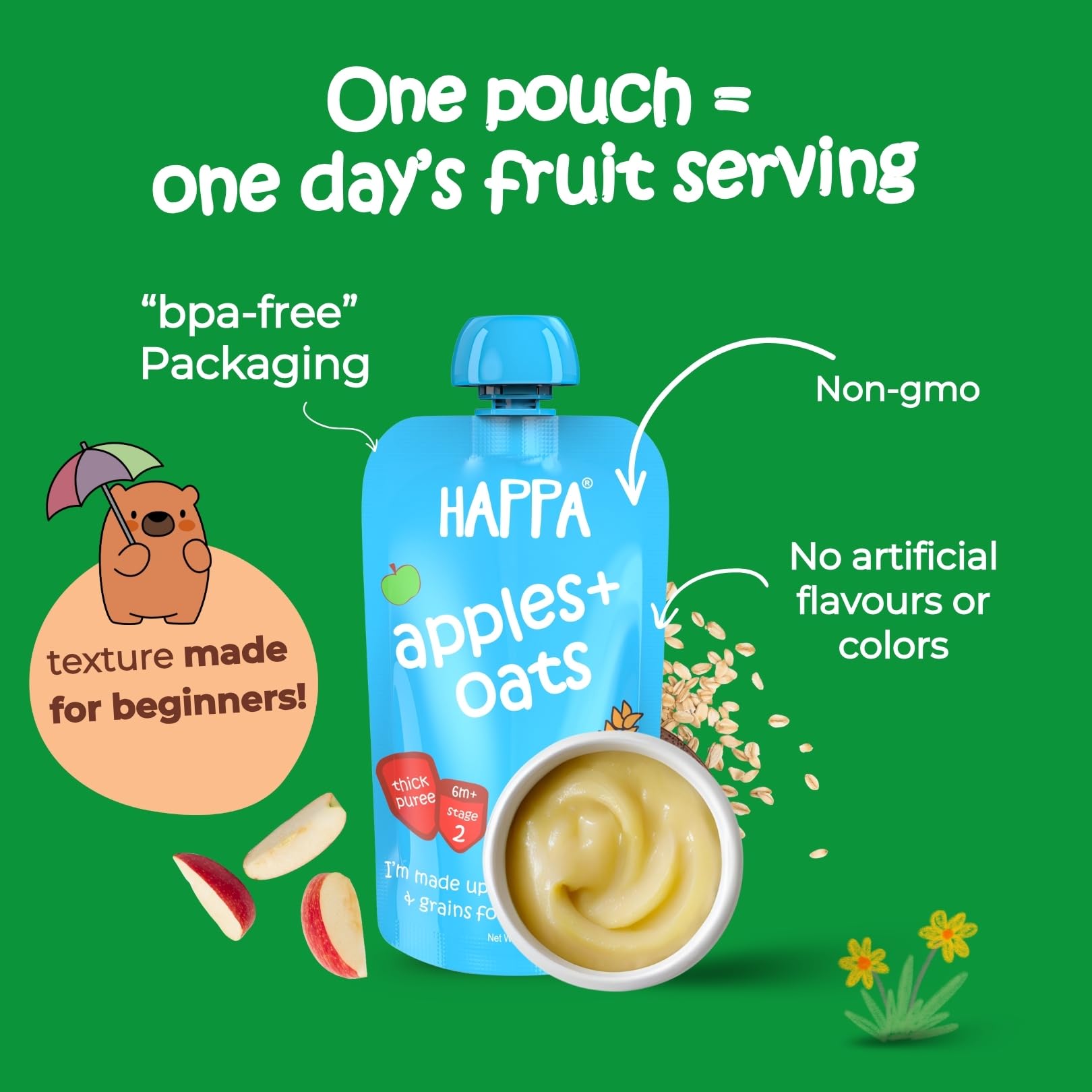 Happa Organic Baby Food Apple and Oats Puree | 100% Fruits and Oats | No Added Sugar, No Milk Powder, No Preservatives | Stage 2 (6 Months+) | Ready to Eat | Free from Common Allergens | Pack of 4 (100g Each) 2