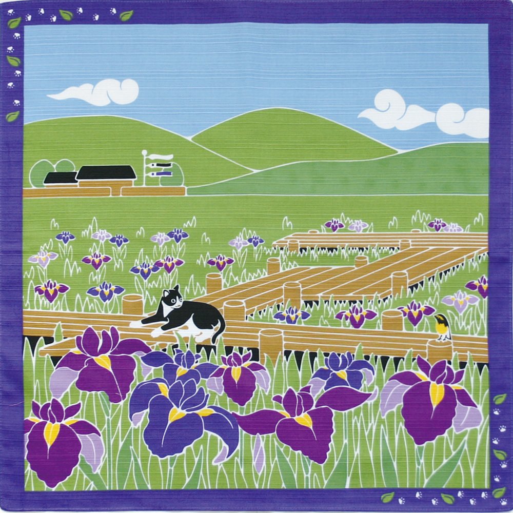 Furoshiki Japanese Wrapping Cloth Towel 50x50cm (Cat Japanese Iris May)
