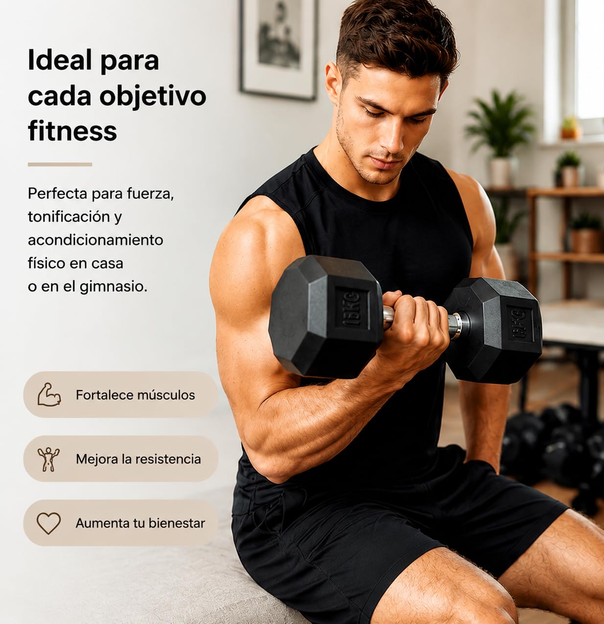 Mancuerna hexagonal 15 kg con mango cromado antideslizante – Recubrimiento de goma, marcado de peso visible, estructura resistente para fuerza y cross training en casa o gimnasio