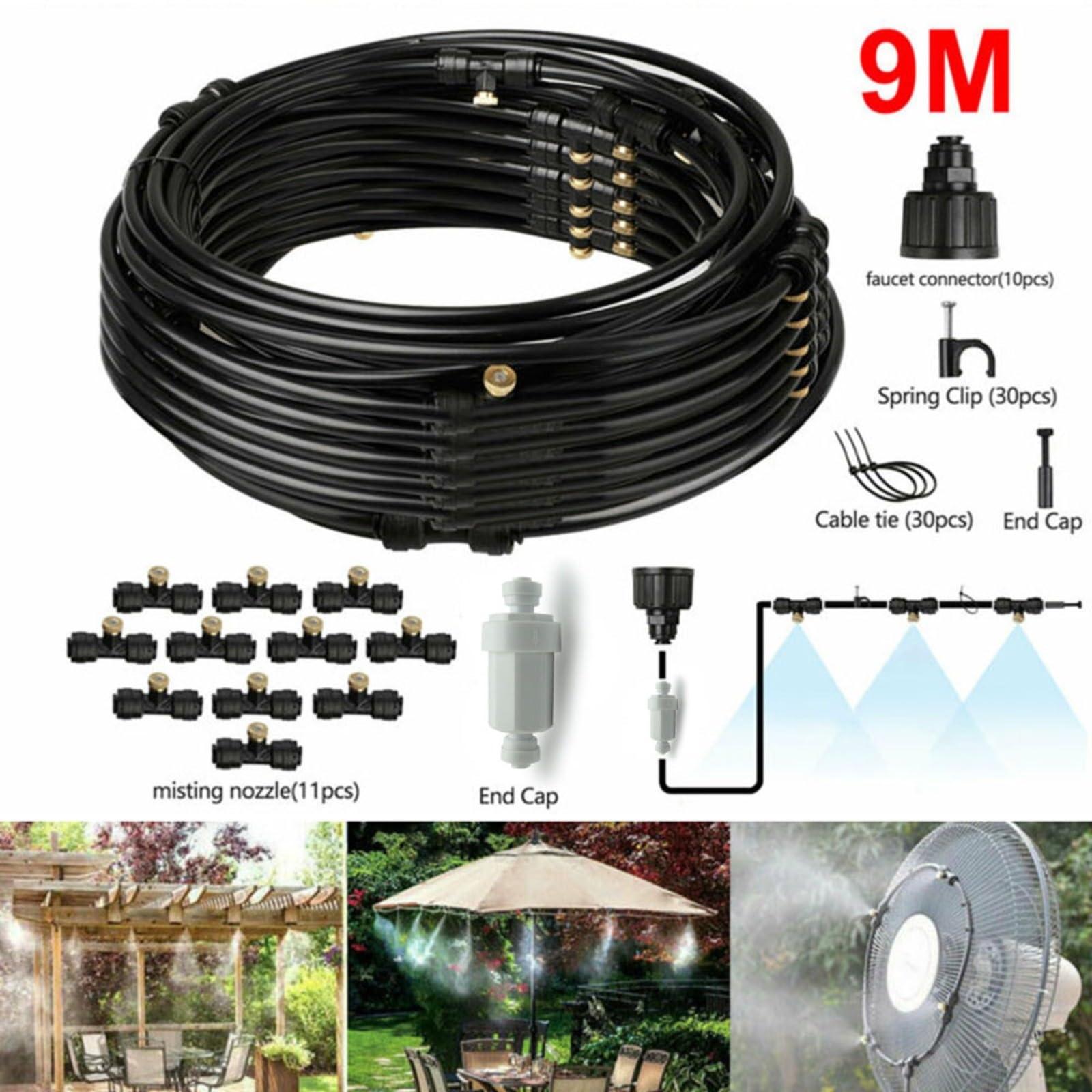 9M Nebelkühlsystem mit 11 Messingdüsen, Gartenbewässerungs-Set, für Terrasse, Gewächshaus, Luftkühlung