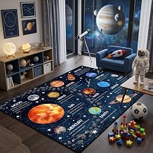 5x7 Ft Outer Space Kids Rugs for Playroom, Classroom, Bedroom, Educational Non-Slip Solar System Rug for Planets Leaning, Washable & Soft Faux Wool Galaxy Star Rug -Blue