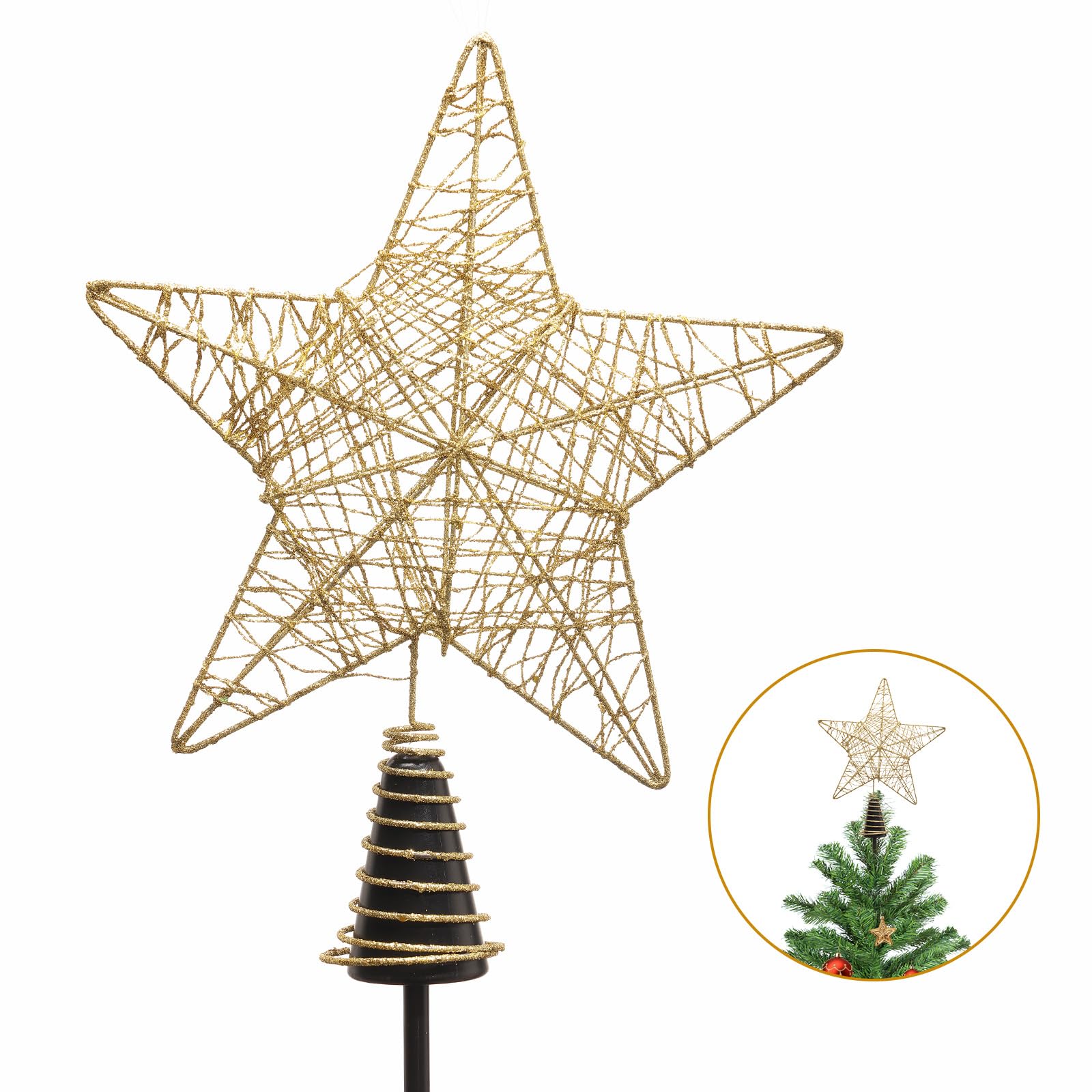 Christmas Tree Topper, Glitter Golden Star Ornament for Xmas Metal Wire Tree Topper, Hollow Glitter Star for Festival Christmas Tree Home Decoration Party