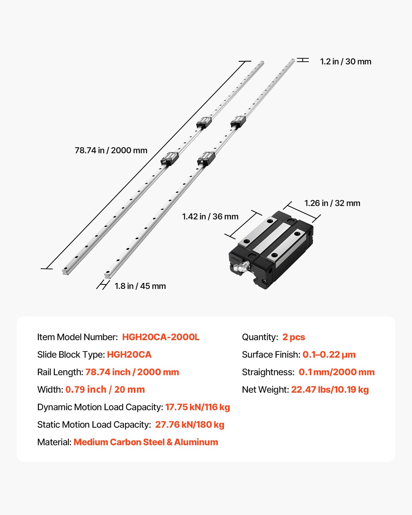 VEVOR Kit Guida Lineare HGR20 2 pezzi da 2000 mm, Guide Lineari 4 Blocchi di Scorrimento con Cuscinetti, Kit Antiruggine per Fai da te, Router CNC, Torni, Fresatrici, Stampanti 3D