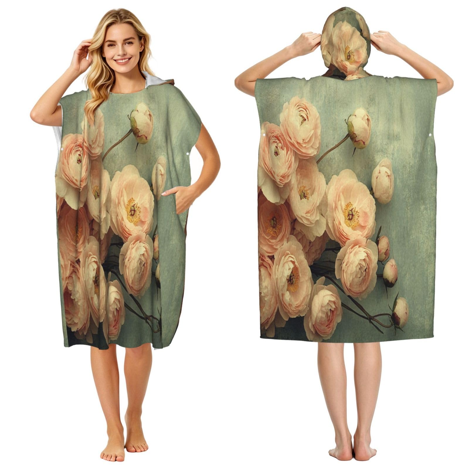 KLGRTJHK Watercolor Peony Adult Hooded Beach Poncho Towel 43"X35"