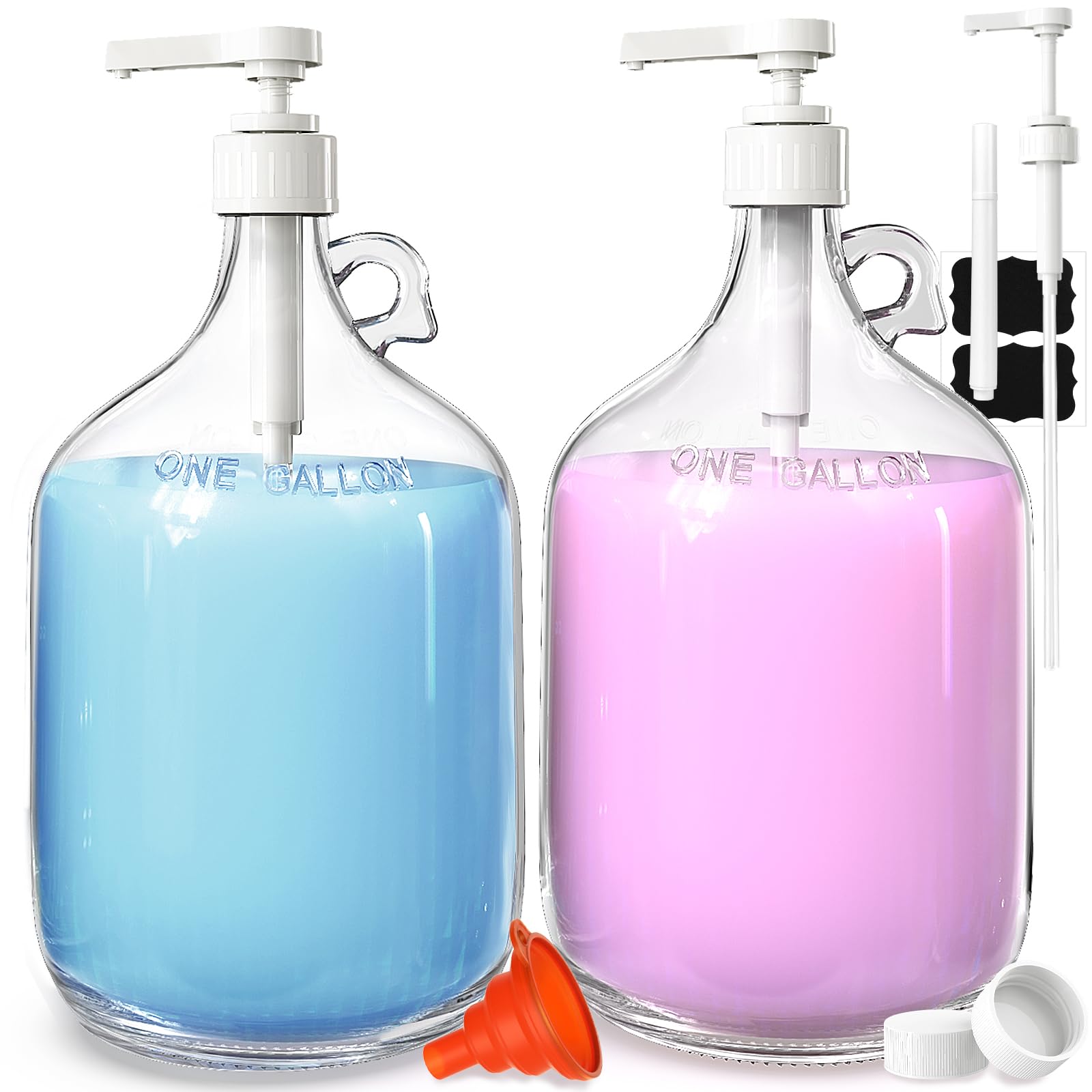 Paquete de 2 dispensadores de botellas de vidrio con bomba de galón con 3 bombas y 2 tapas herméticas, dispensadores de jabón de lavandería con 1 embudo, dispensadores de detergente líquido para
