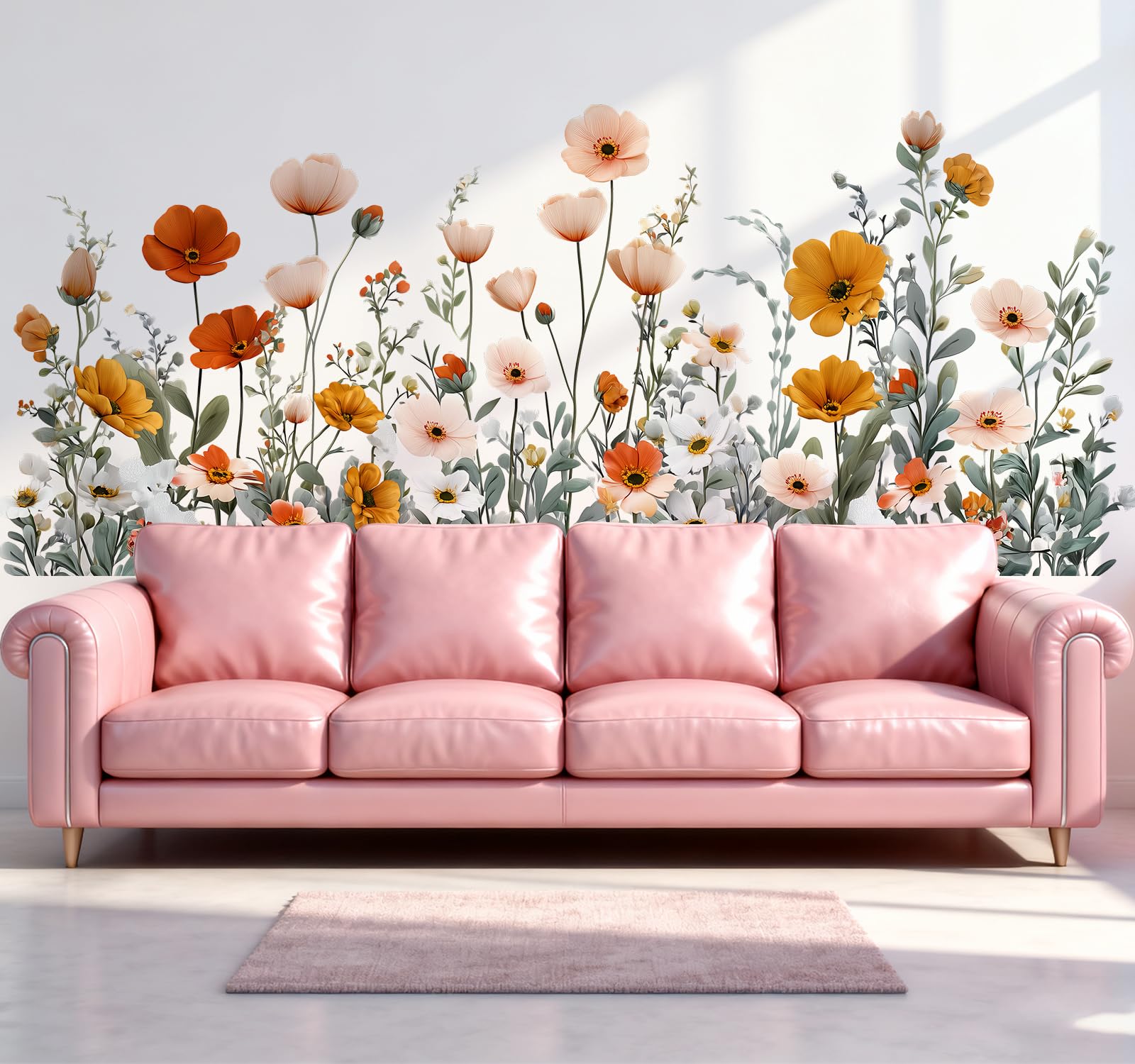 VePret Large Pink Wildflowers Wall Decals, Peel and Stick Removable Floral Botanical Wall Stickers