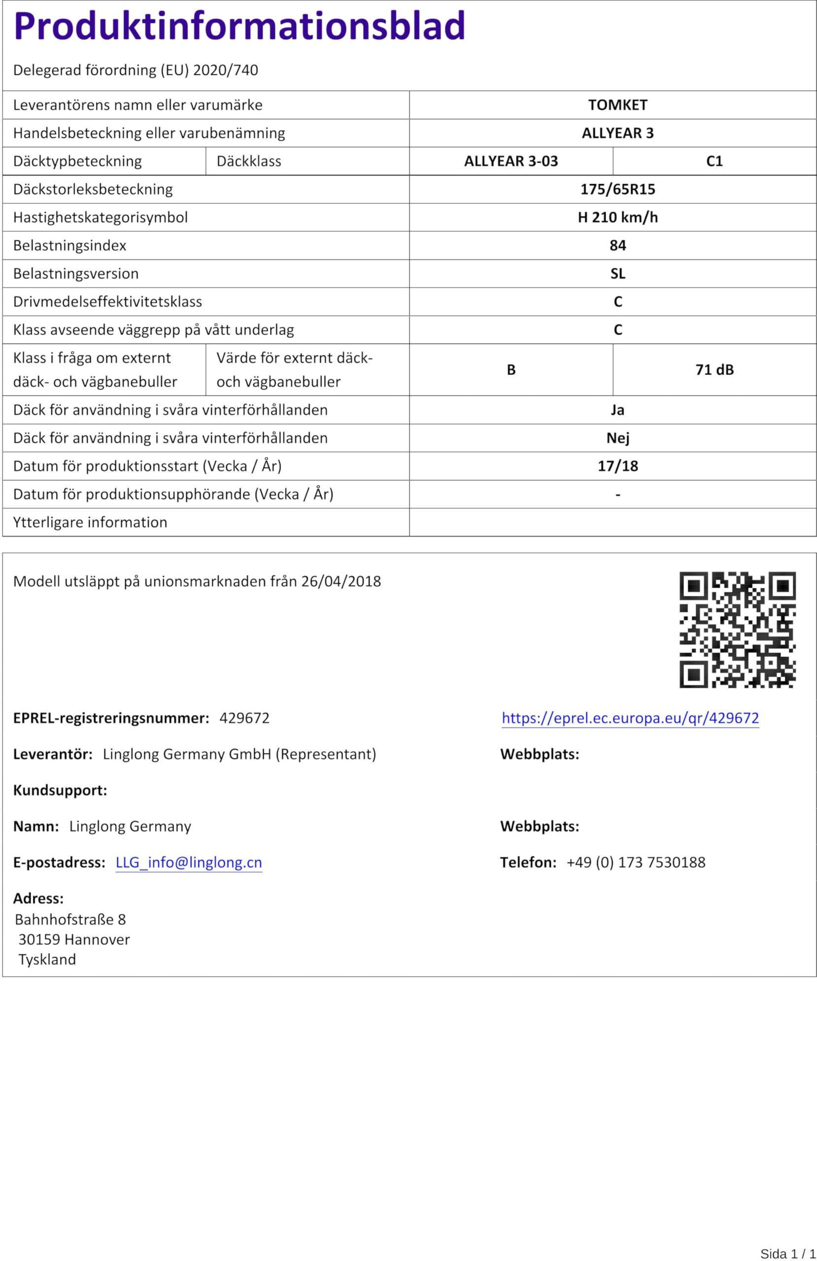 TOMKET ALLYEAR 3 175/65/r15 84 H