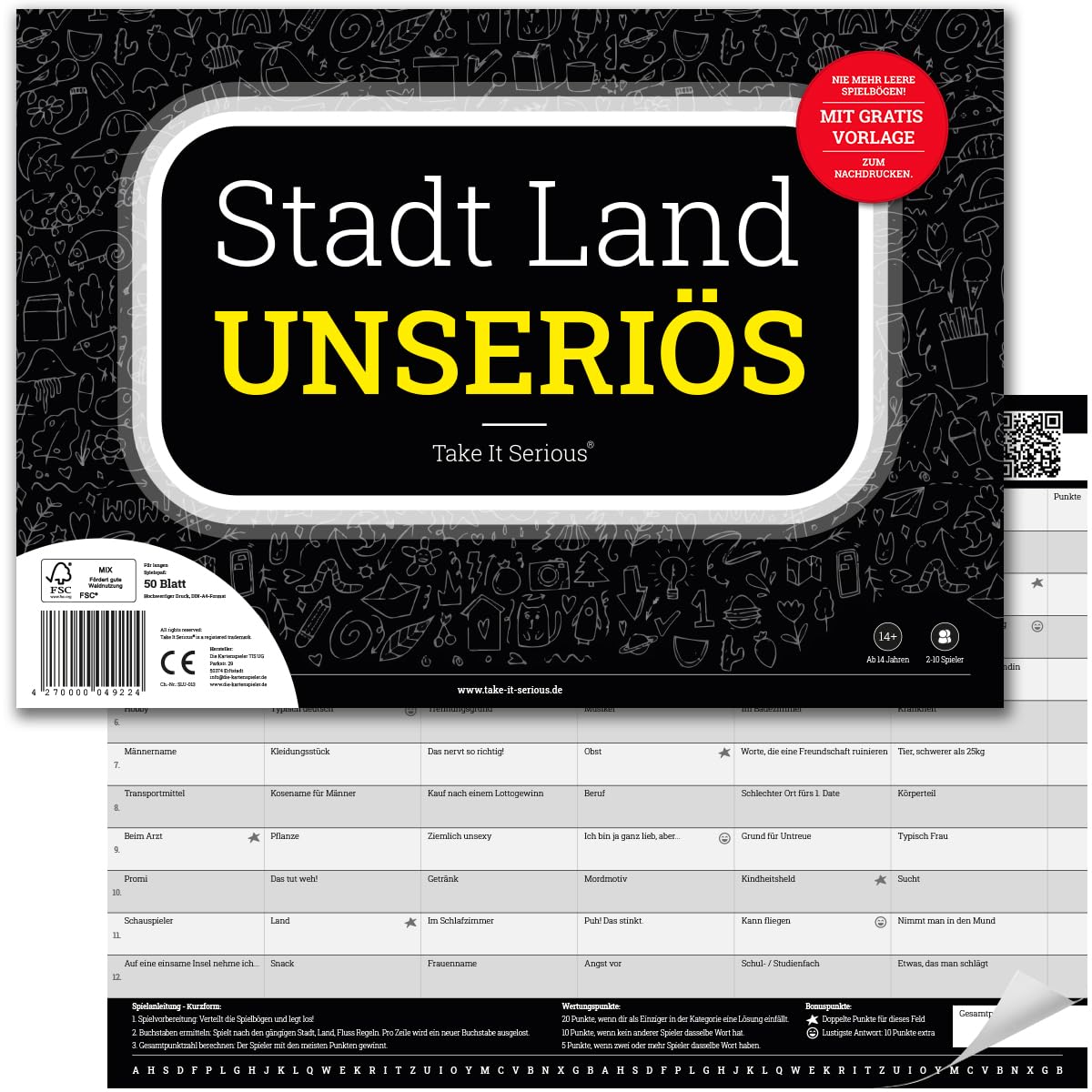 Take It Serious - Stadt Land Unseriös. Das Stadt Land Fluss Partyspiel. Mit 72 lustigen Kategorien. Partyspaß für Jugendliche und Erwachsene. 50 Seiten im DIN-A4 Block.