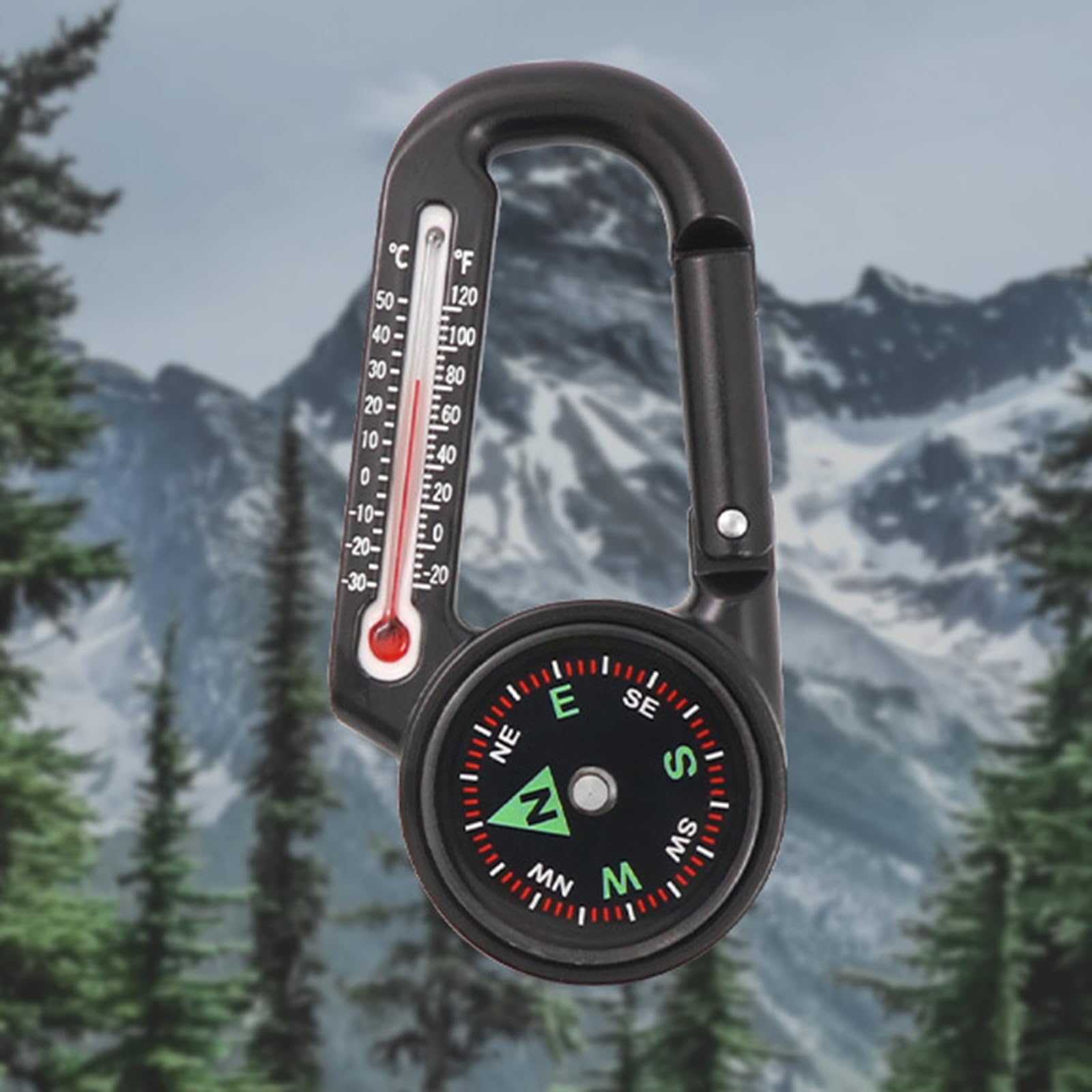 Mousqueton Multifonction Métal - Boussole + Thermomètre, Compact 70x3mm, Pour Rando, Camping, Voyage
