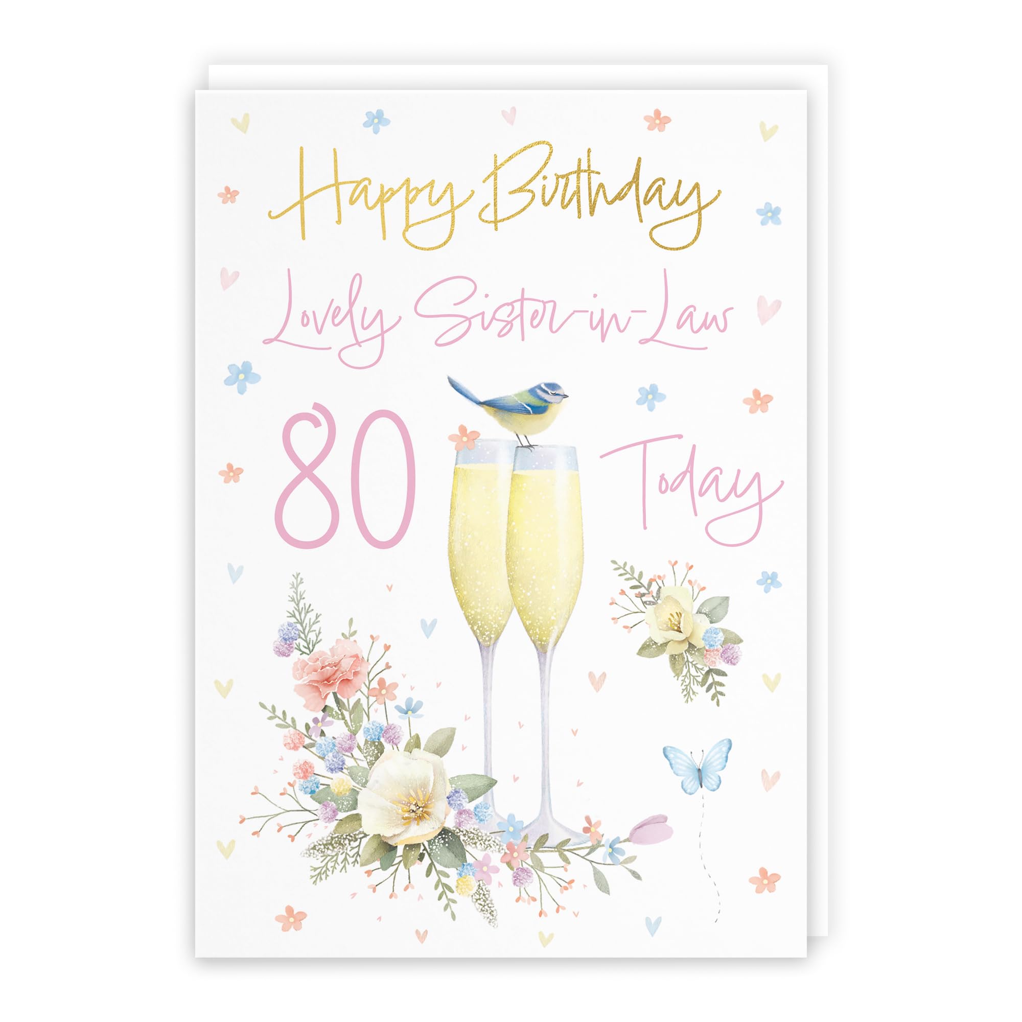 Hunts England - 80th Sister In Law Champagne Flutes Birthday Card - Gold Foil - Milo's Gallery - Age 80 Butterflies, Hearts, Flowers Pretty Birthday Card For Sister-in-Law - A5 Size