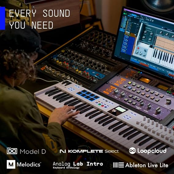 Arturia KeyLab 49 mk3 MIDI Controller Keyboard, 49 Keys, 9 Encoders, 9 Faders, Modulation, Pitch Wheels, 12 Pads, with software bundle, NKS Compatible, White