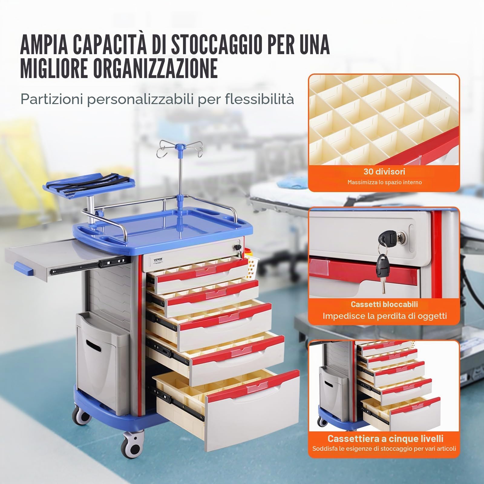 VEVOR Carrello da Laboratorio 5 Ripiani con Cassetti e Ruote Silenziose, PP, Blu