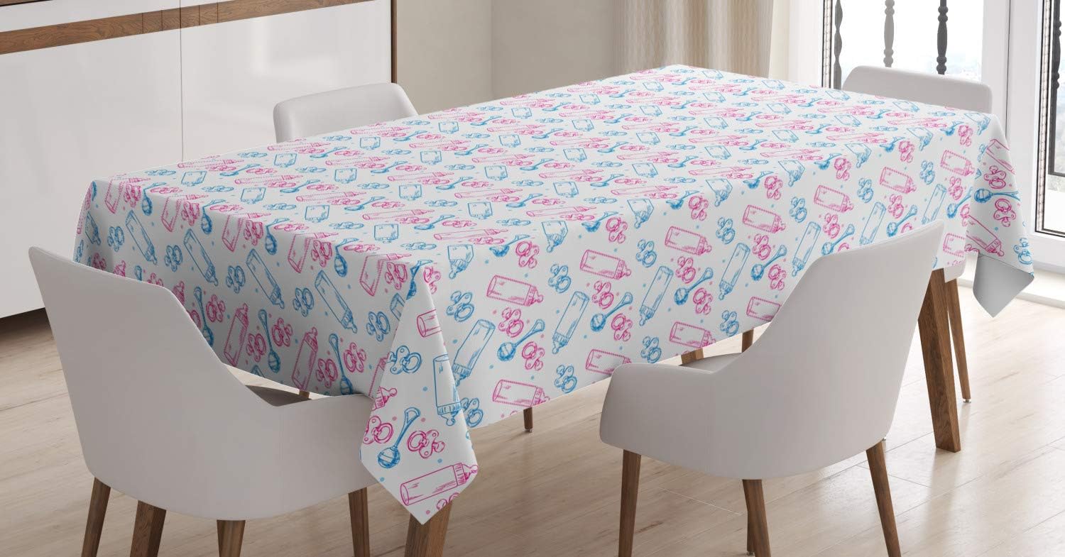 Ambesonne Cartoon Tablecloth, Simple Sketch Design Milk Pattern with Dots Ornaments Minimalist Print, Rectangular Table Cover for Dining Room Kitchen Decor, 60" X 90", White Pink and Blue